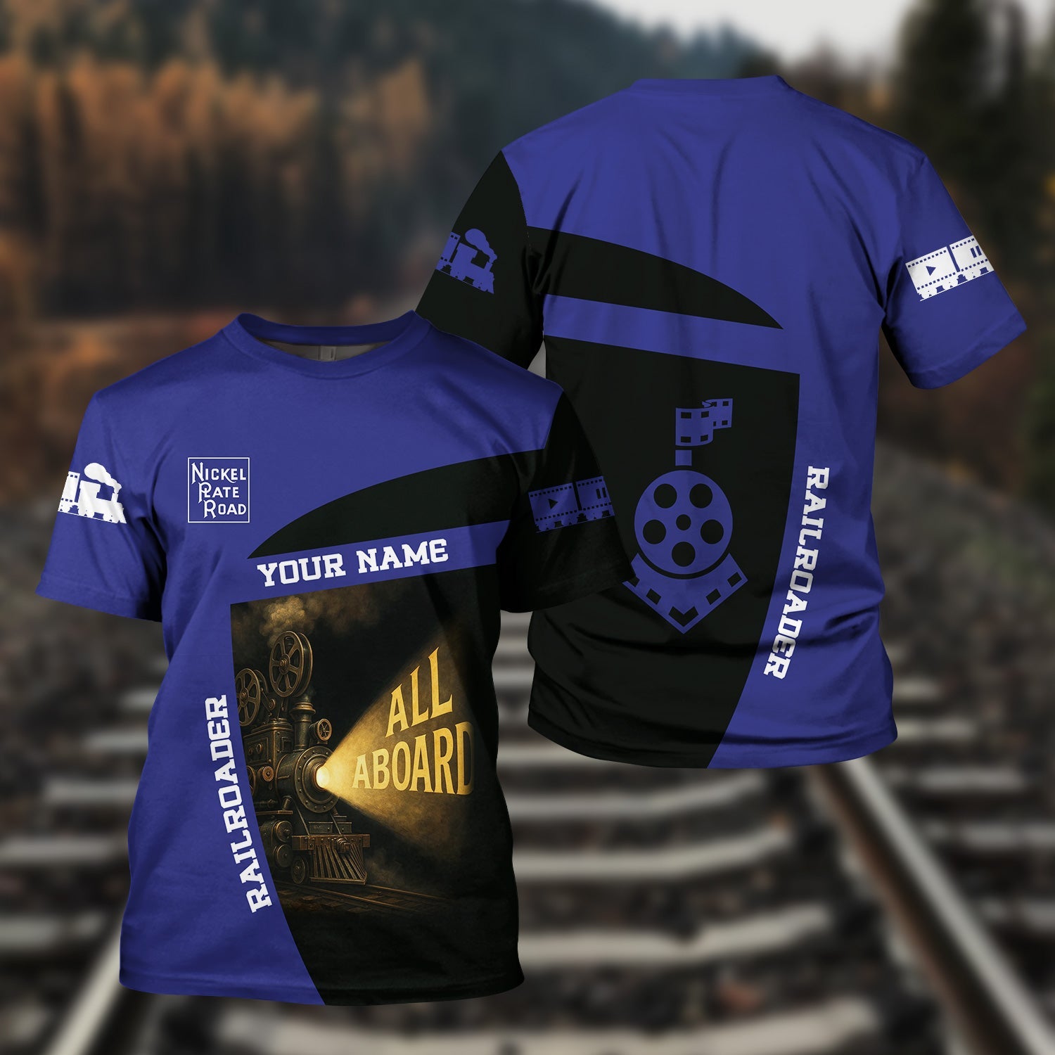 Railspirit Personalized New York, Chicago and St. Louis Railroad T-Shirt All Aboard Steam Train Movie Projector Style Nickel Plate Road Shirt