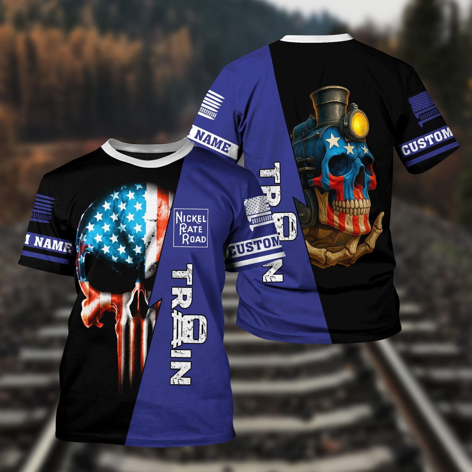 Railspirit Personalized New York, Chicago and St. Louis Railroad T-Shirt Train Skull American Flag Nickel Plate Road Shirt All Over Print