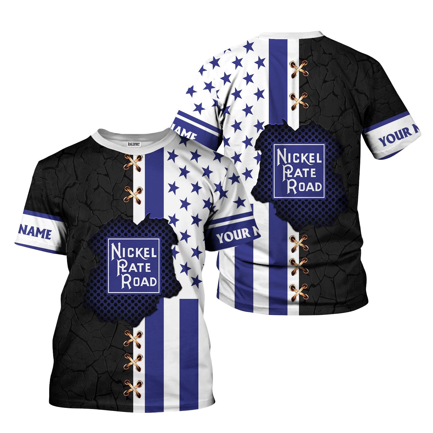 Railspirit Personalized New York, Chicago and St. Louis Railroad T-Shirt American Flag with Crack Effect Nickel Plate Road Train Shirt
