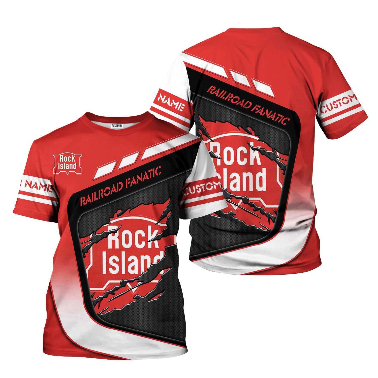 Railspirit Personalized Chicago, Rock Island and Pacific Railroad T-Shirt Ripped Texture Style Rock Island Railroad Train Shirt For Railroad Fanatic