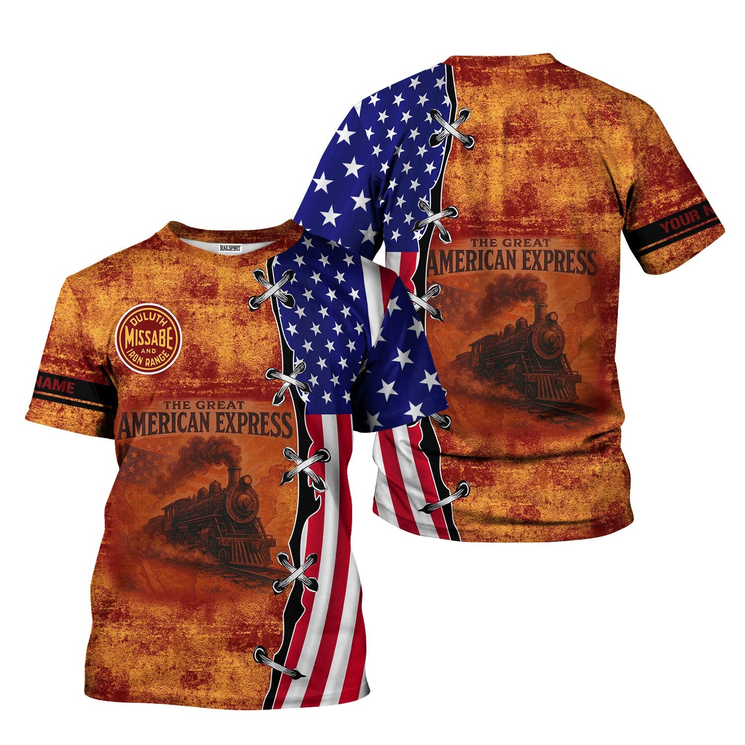 Railspirit Personalized Duluth, Missabe, & Iron Range Railroad T-Shirt Retro American Express Train With USA Flag Shirt