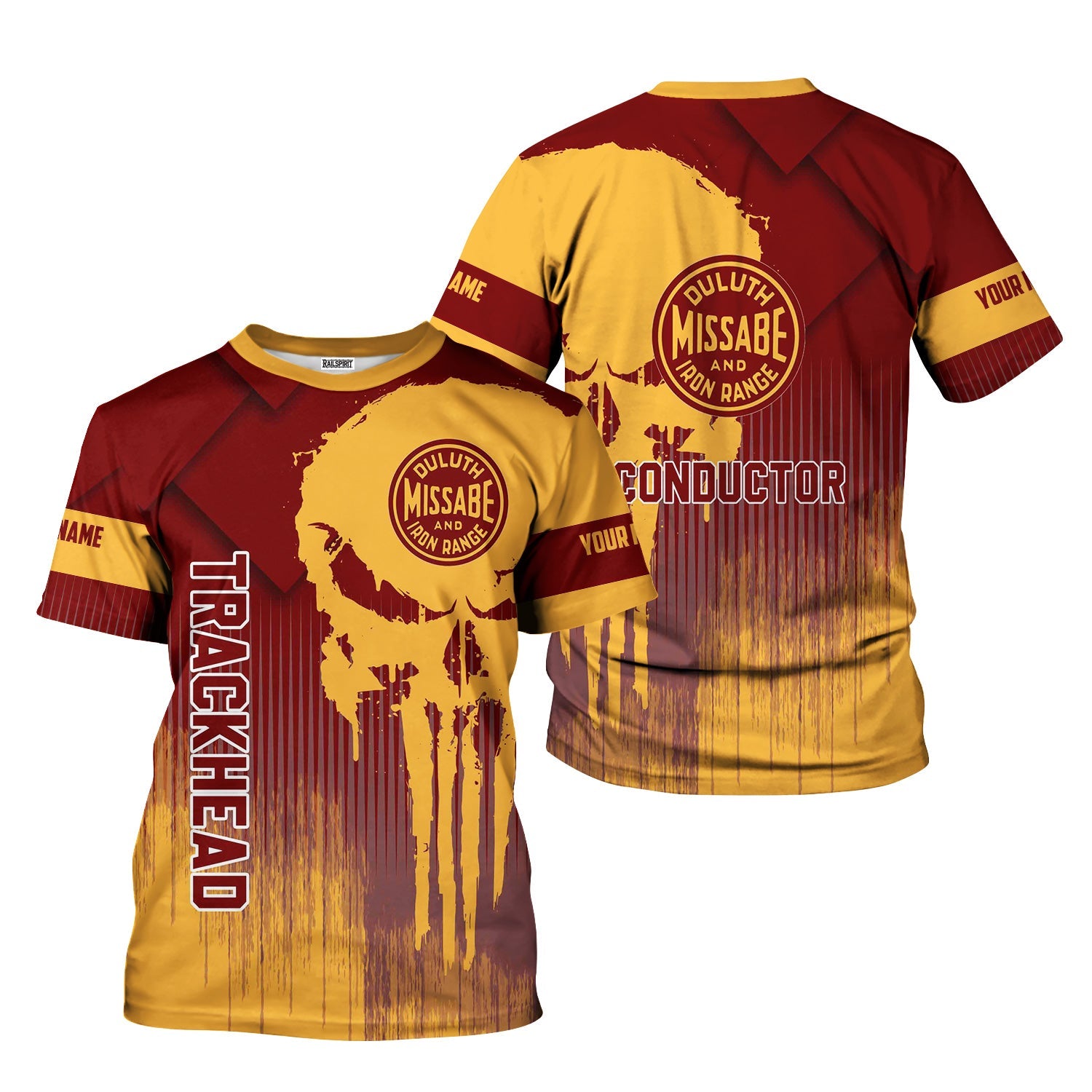 Railspirit Personalized Duluth, Missabe, & Iron Range Railroad T-Shirt Skull Design with Custom Job Train Shirt for Trackhead Crew