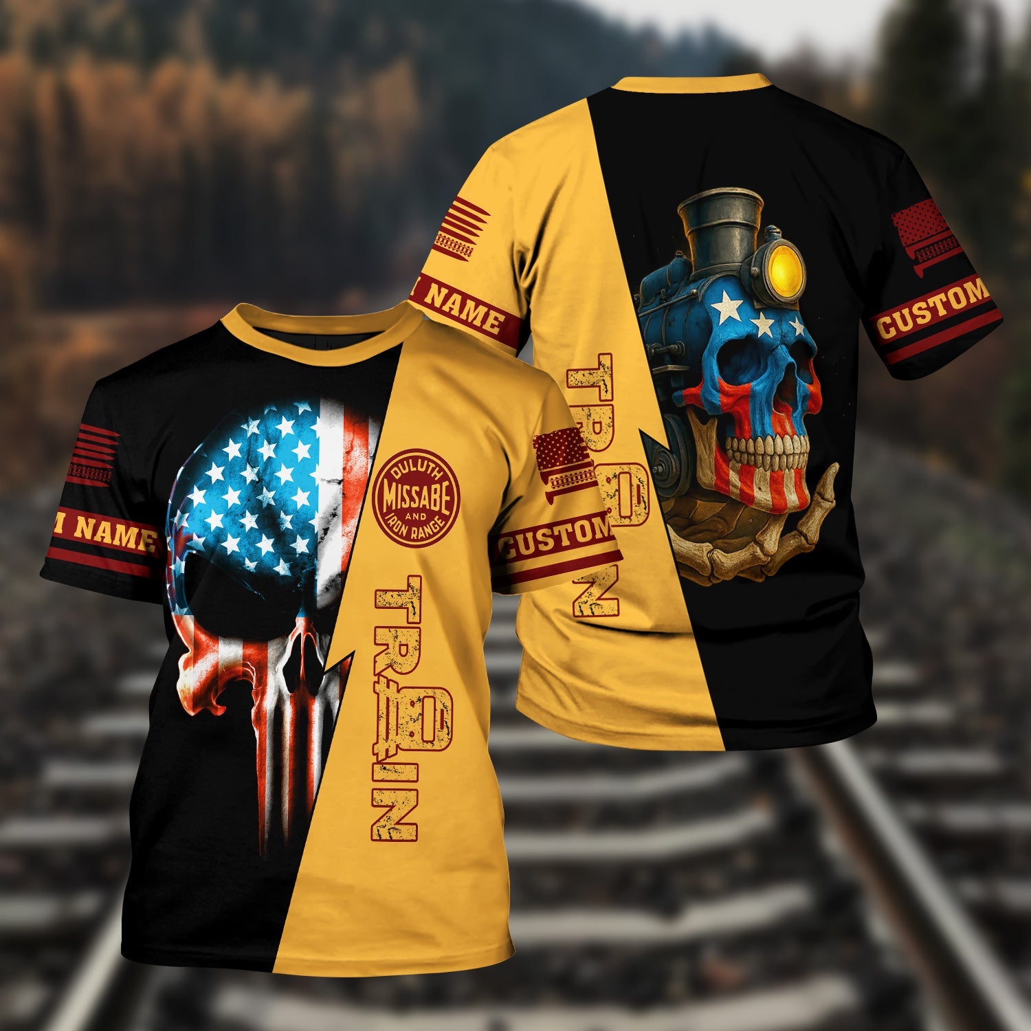 Railspirit Personalized Duluth, Missabe, & Iron Range Railroad T-Shirt Train Skull American Flag Shirt All Over Print