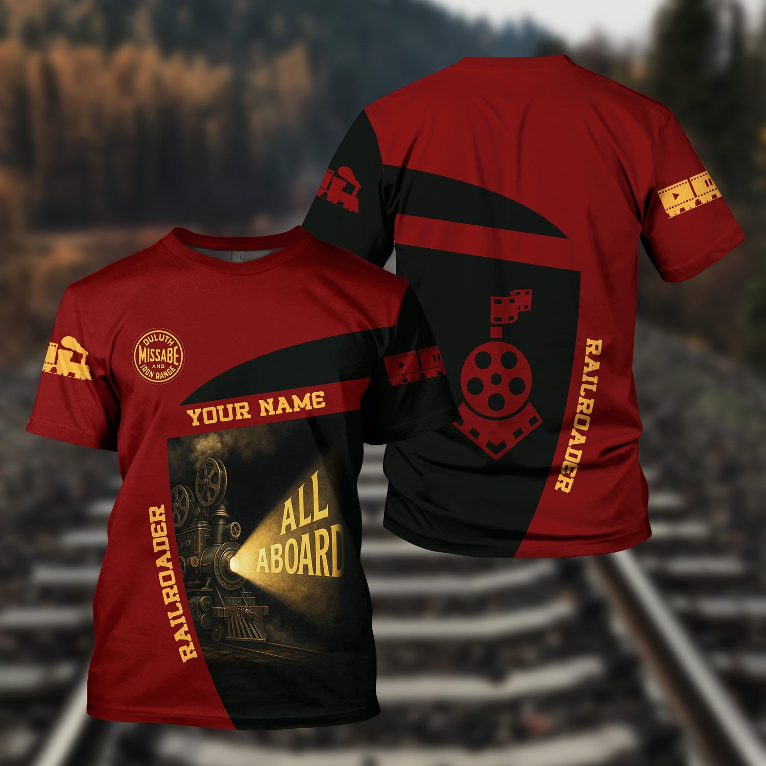 Railspirit Personalized Duluth, Missabe, & Iron Range Railroad T-Shirt All Aboard Steam Train Movie Projector Style Shirt