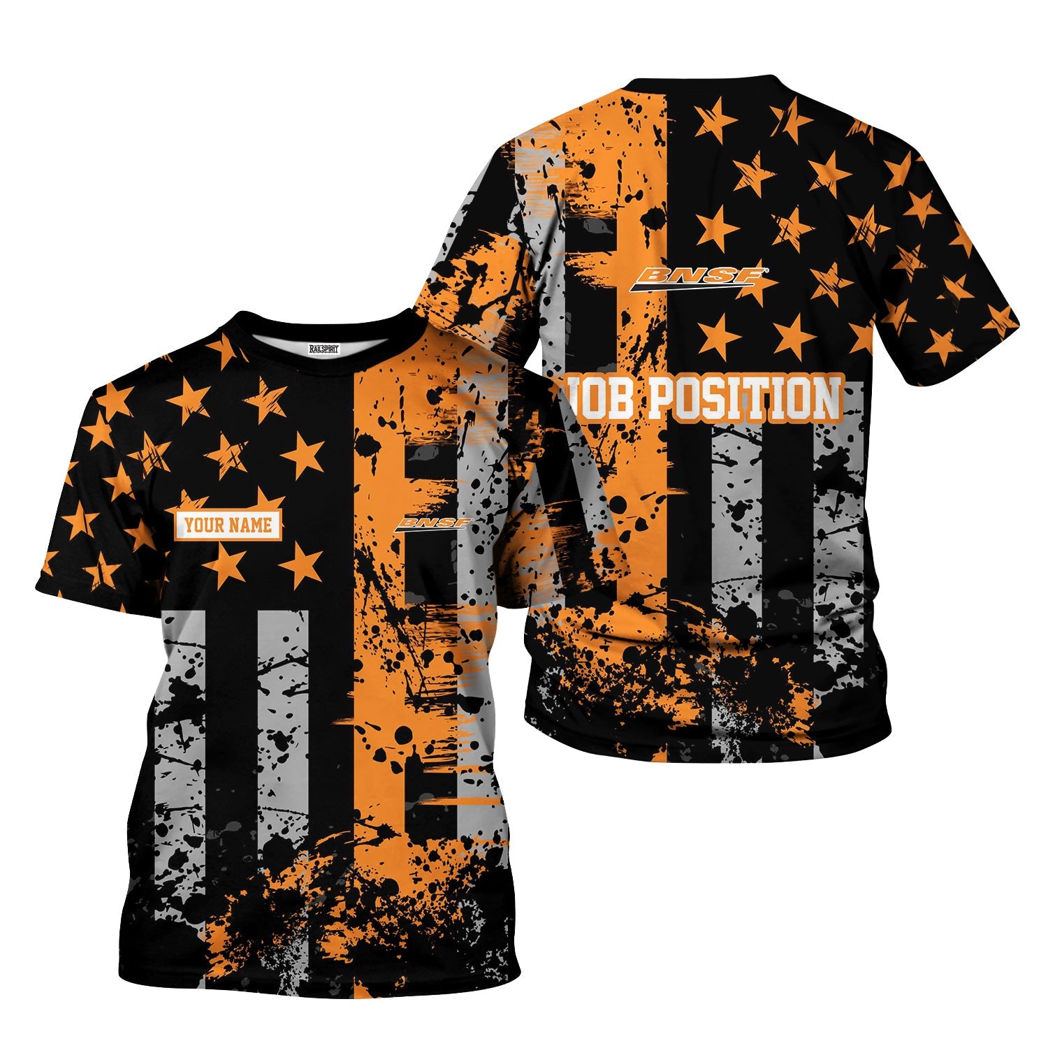 Railspirit Personalized BNSF Railway T-Shirt Artistic Paint American Flag Style Train Shirt