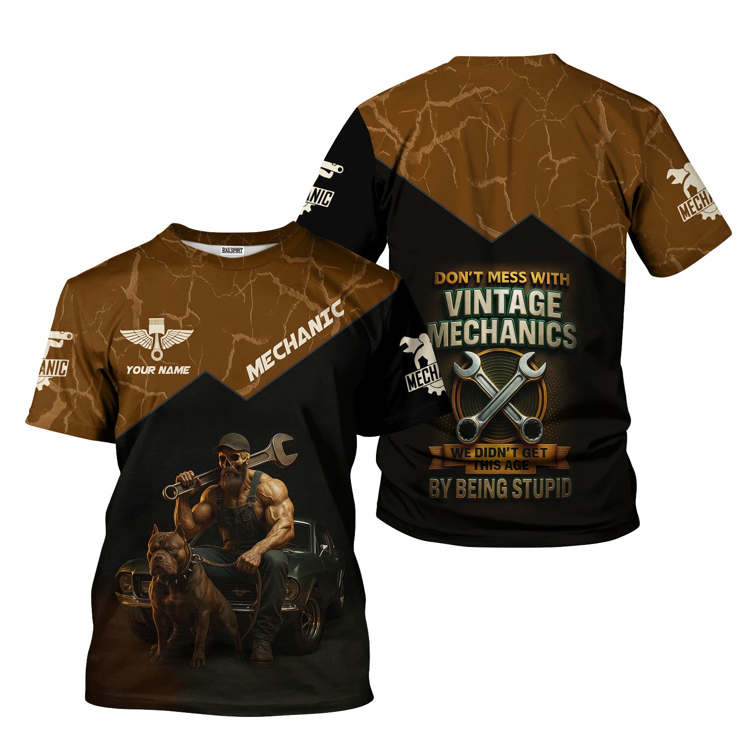 Personalized T-Shirt Don't Mess With Vintage Mechanics Skull with Dog and Classic Car Design Shirt For Mechanics