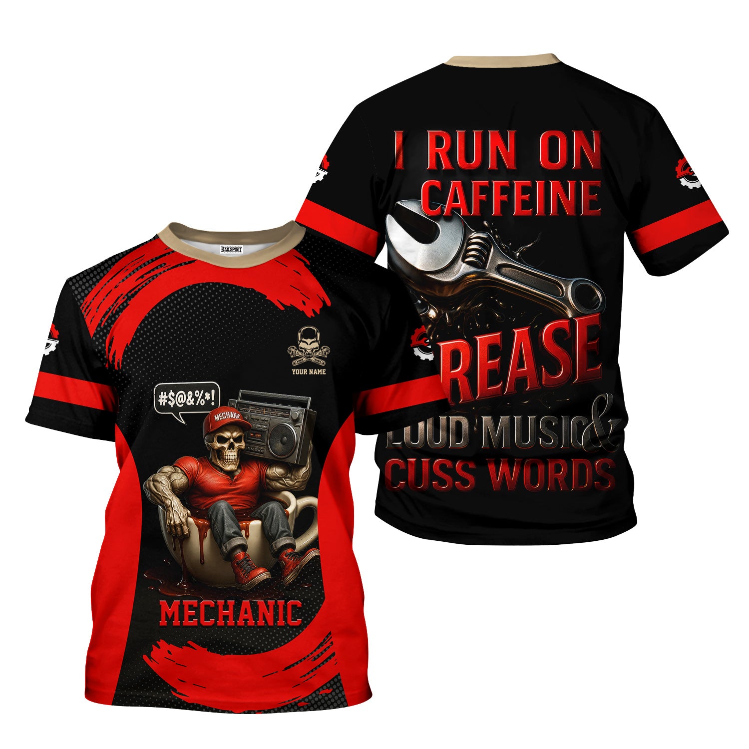Custom Name Mechanic T-Shirt, I Run On Caffeine Grease Loud Music & Cuss Words, Funny Skull Graphic Tee for Auto Repair, Garage, Car Lovers