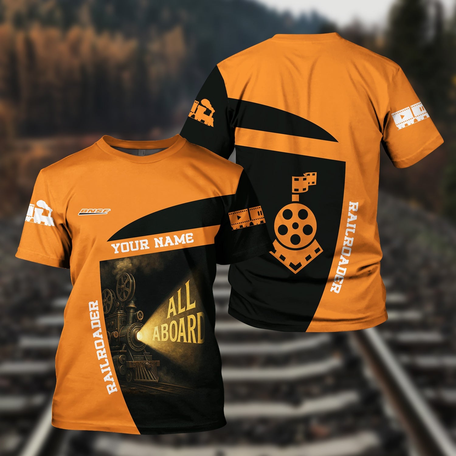 Railspirit Personalized BNSF Railway T-Shirt All Aboard Steam Train Movie Projector Style Shirt