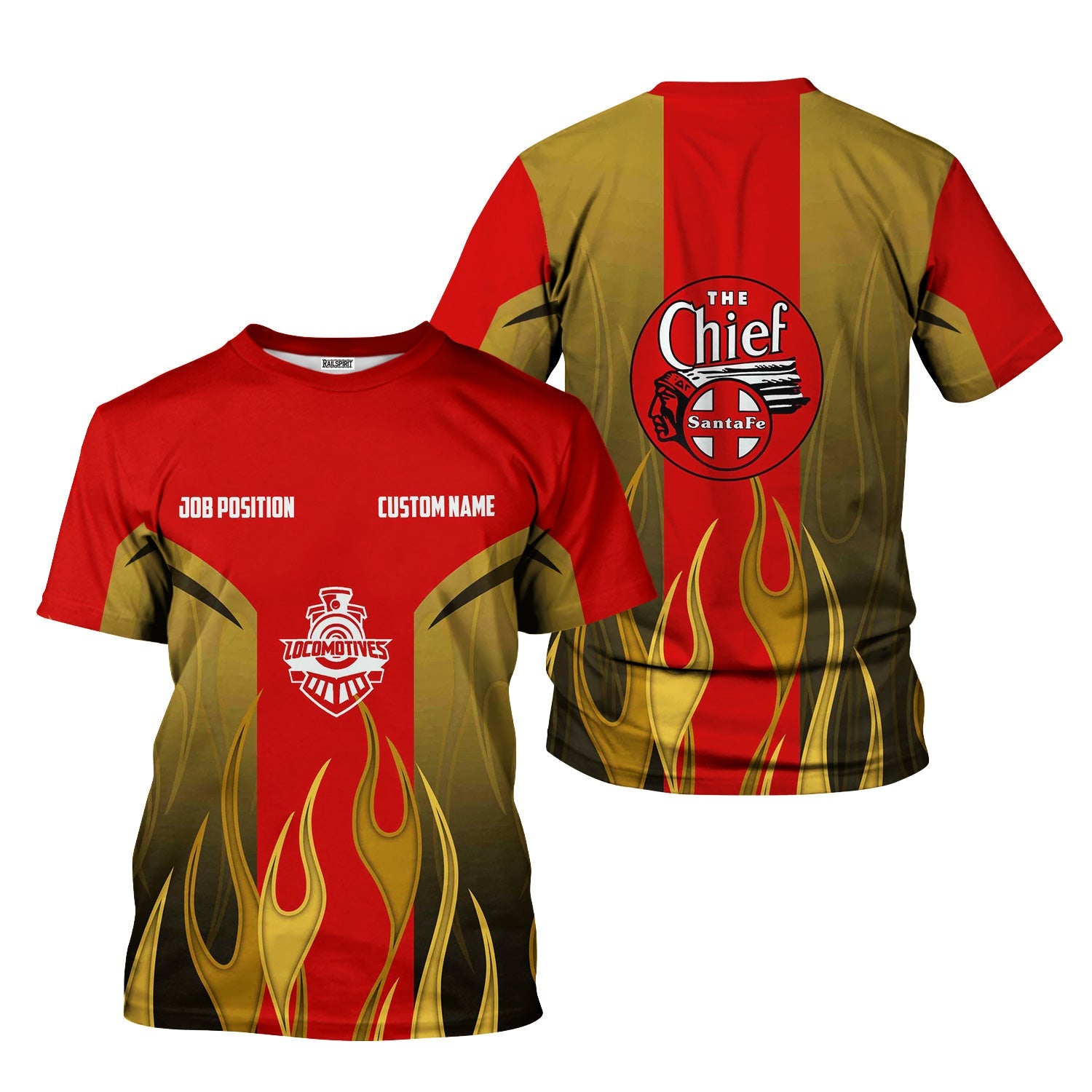 Railspirit Custom Name and Job Title The Chief Santa Fe Railroad T-Shirt Flame Graphic Train Shirt
