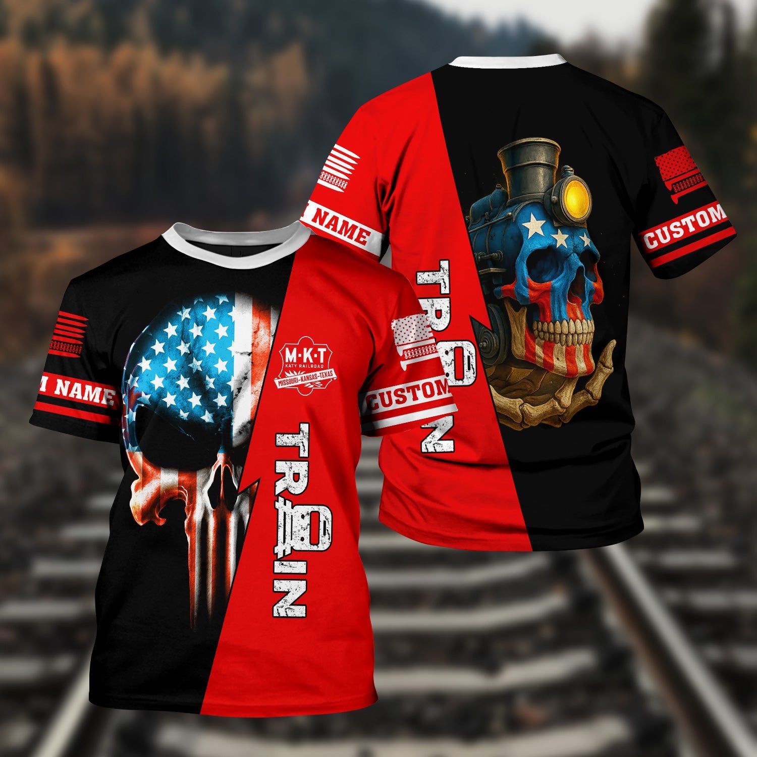 Railspirit Personalized Katy Railroad T-Shirt Train Skull American Flag Shirt All Over Print