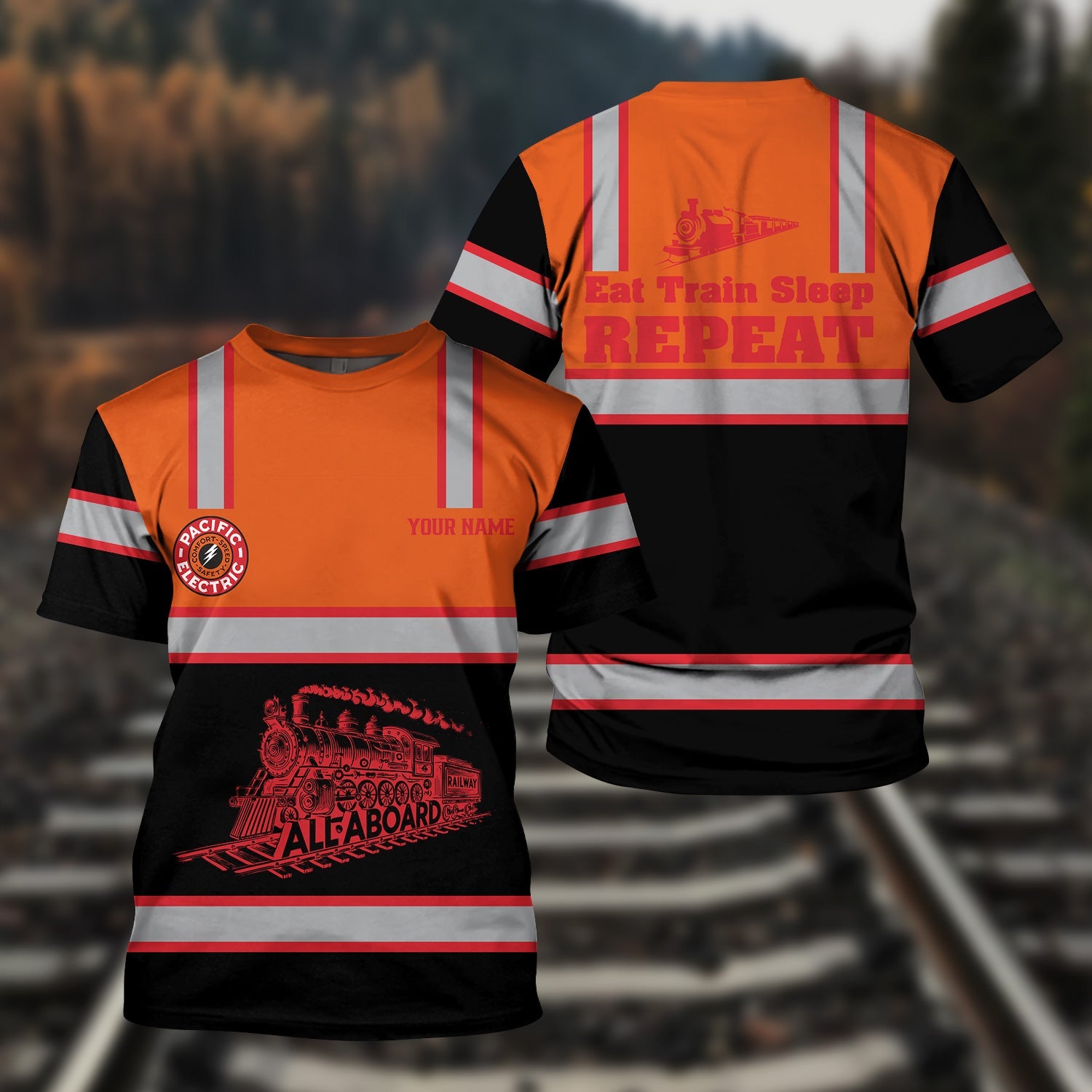 Railspirit Custom Name Pacific Electric Railroad T Shirt Eat Train Sleep Repeat Printed Train Shirt
