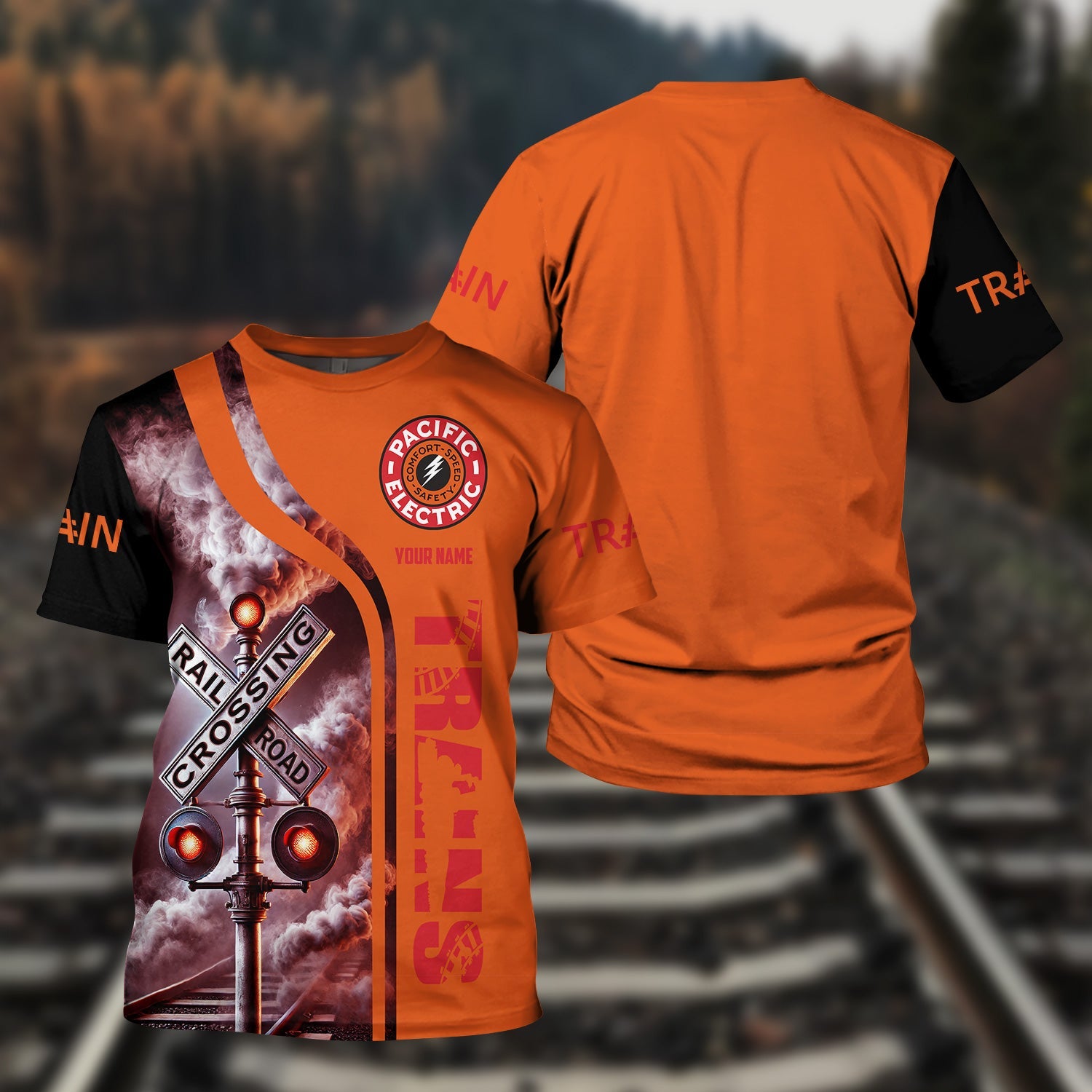 Railspirit Custom Name Pacific Electric Railroad T Shirt Railroad Crossing Sign Train Shirt All Over Print