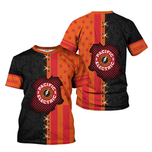 Railspirit Personalized Pacific Electric Railroad T-Shirt American Flag with Crack Effect Train Shirt