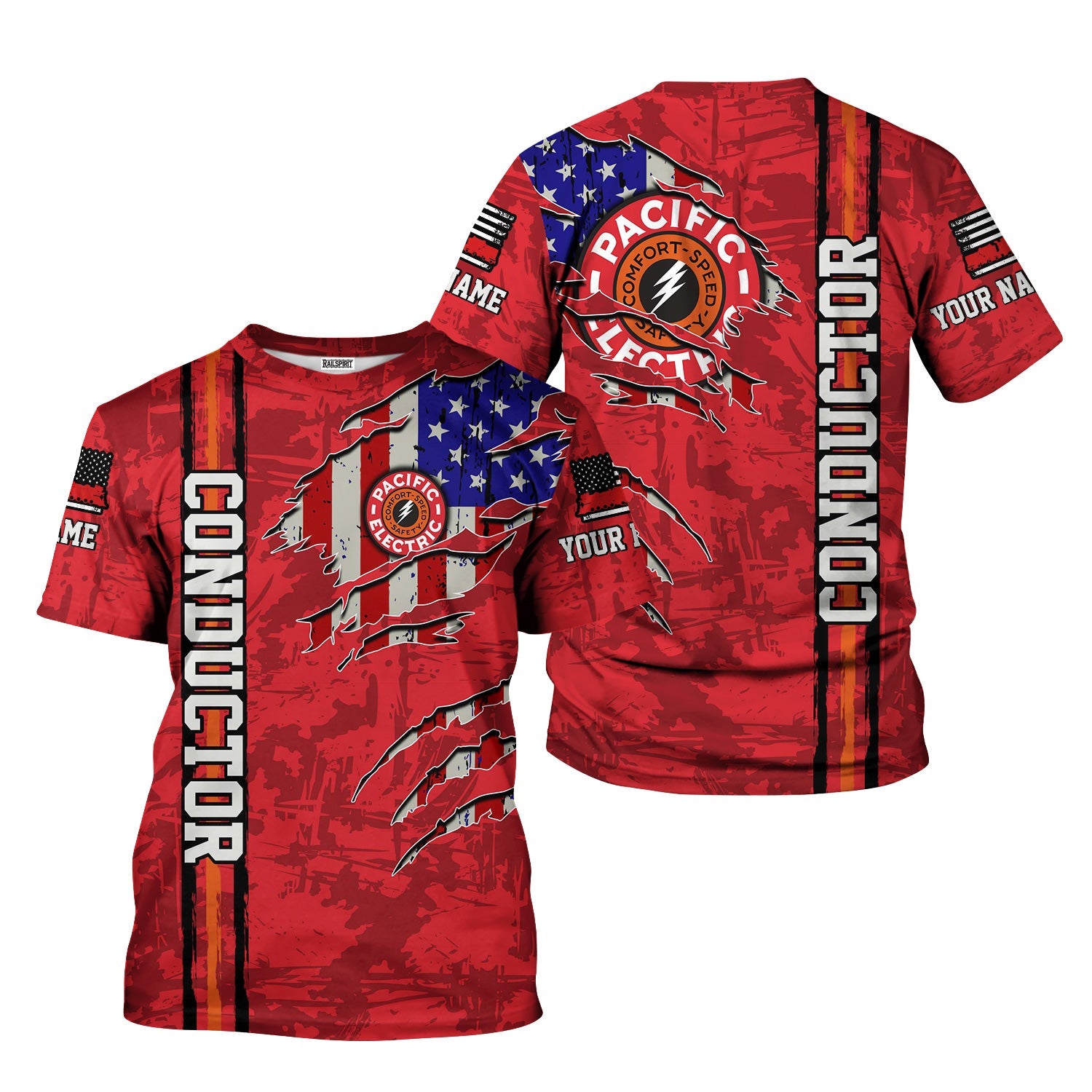 Railspirit Personalized Pacific Electric Railroad T-Shirt USA Flag Claw Art with Custom Job Train Shirt