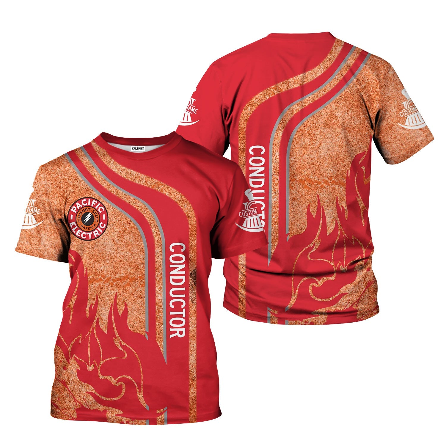 Railspirit Personalized Pacific Electric Railroad T-Shirt Flame Design with Custom Job Position Train Shirt