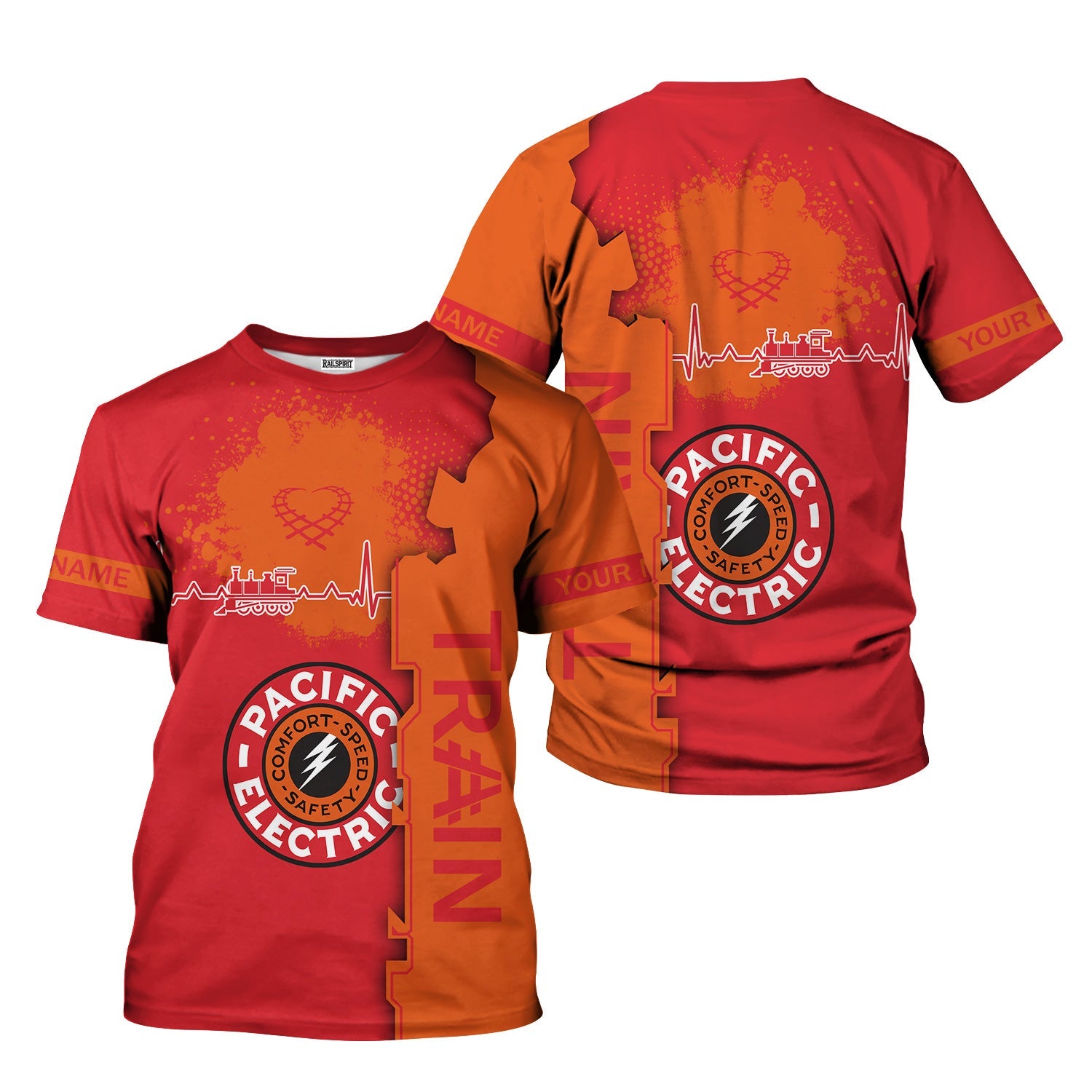 Railspirit Personalized Pacific Electric Railroad T-Shirt Engine Heartbeat and Track Love Style Shirt Gift Idea For Train Lovers
