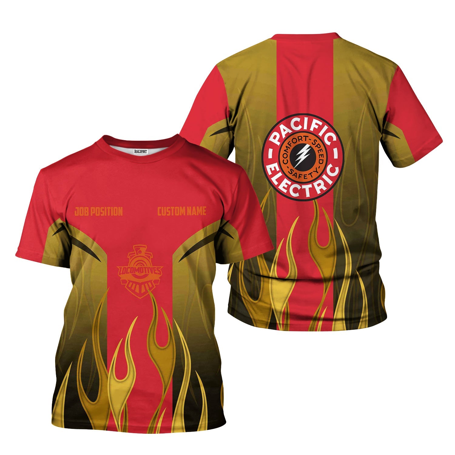 Railspirit Custom Name and Job Title Pacific Electric Railroad T-Shirt Flame Graphic Train Shirt