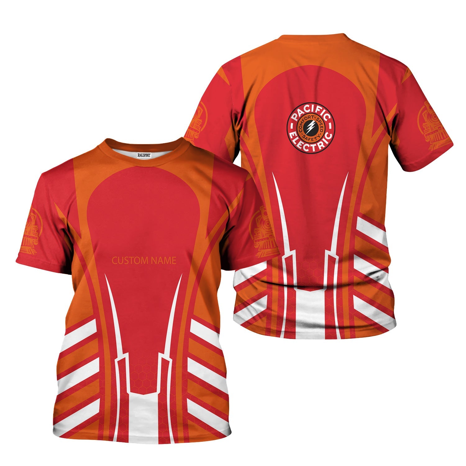 Railspirit Personalized Pacific Electric Railroad T-Shirt Striped Railroad Style Train Shirt All Over Print