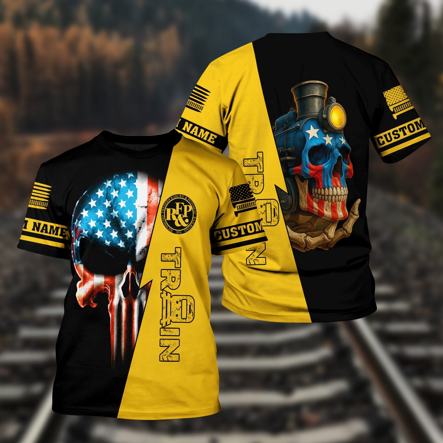 Railspirit Personalized Richmond, Fredericksburg And Potomac Railroad T-Shirt Train Skull American Flag Shirt All Over Print