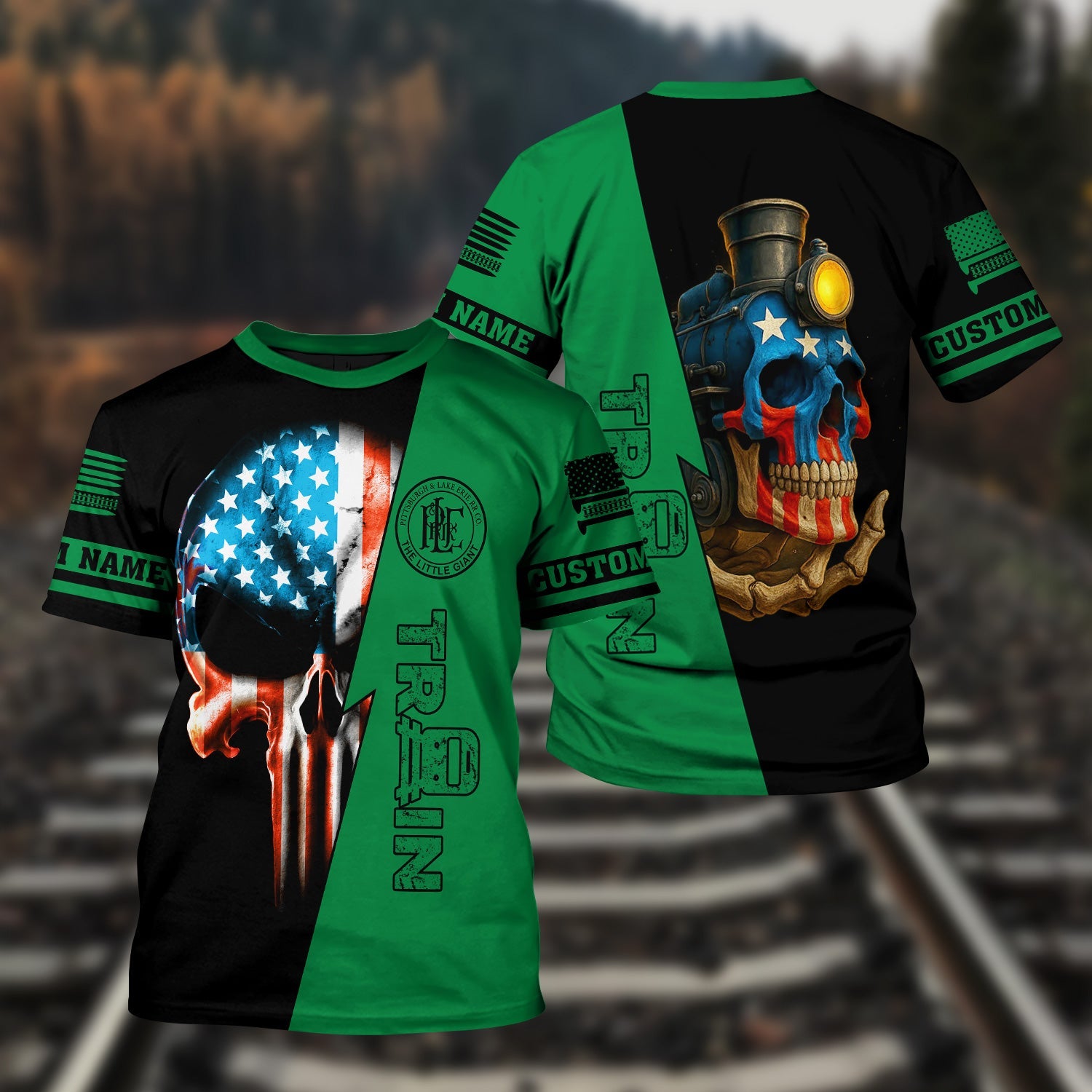 Railspirit Personalized Pittsburgh And Lake Erie Railroad T-Shirt Train Skull American Flag Shirt All Over Print