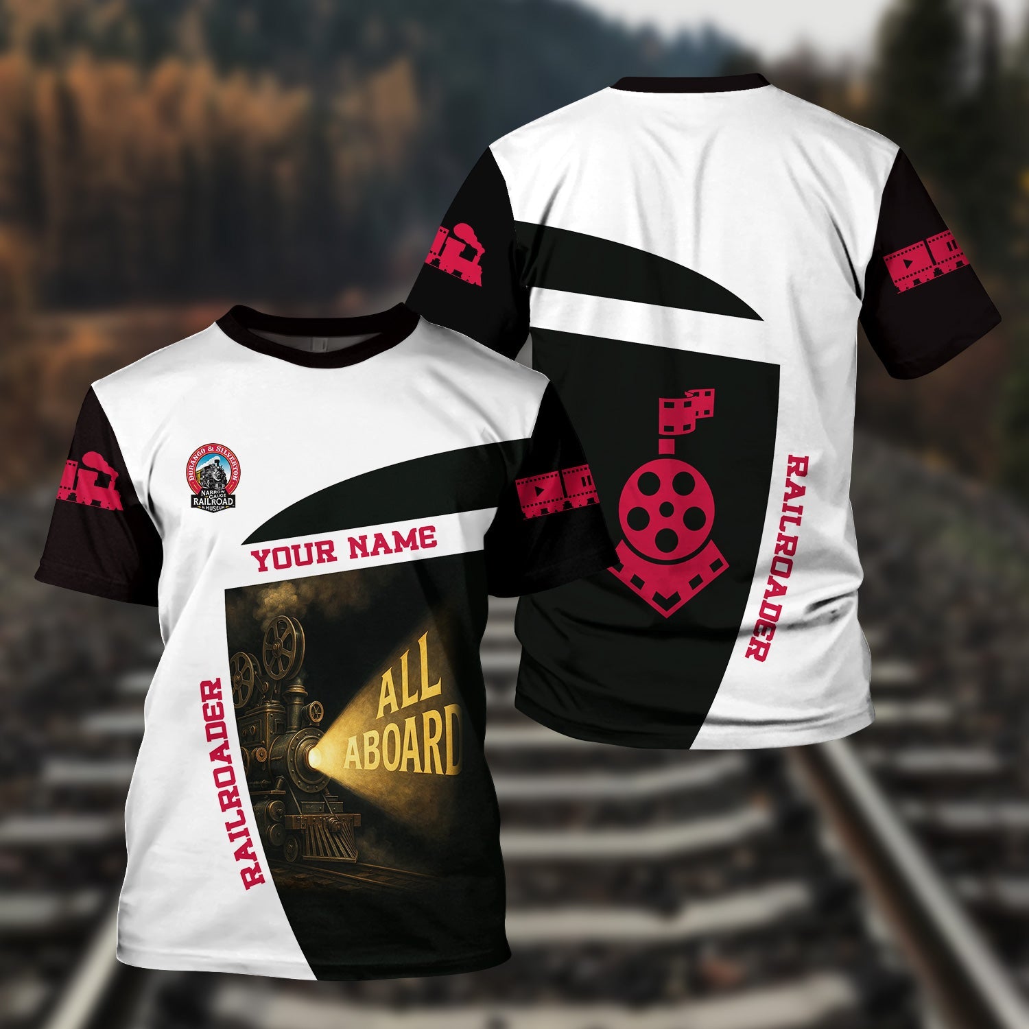 Railspirit Personalized Durango And Silverton Narrow Gauge Railroad T-Shirt All Aboard Steam Train Movie Projector Style Shirt