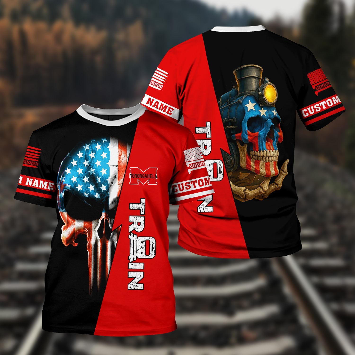 Railspirit Personalized Monongahela Railroad T-Shirt Train Skull American Flag Shirt All Over Print