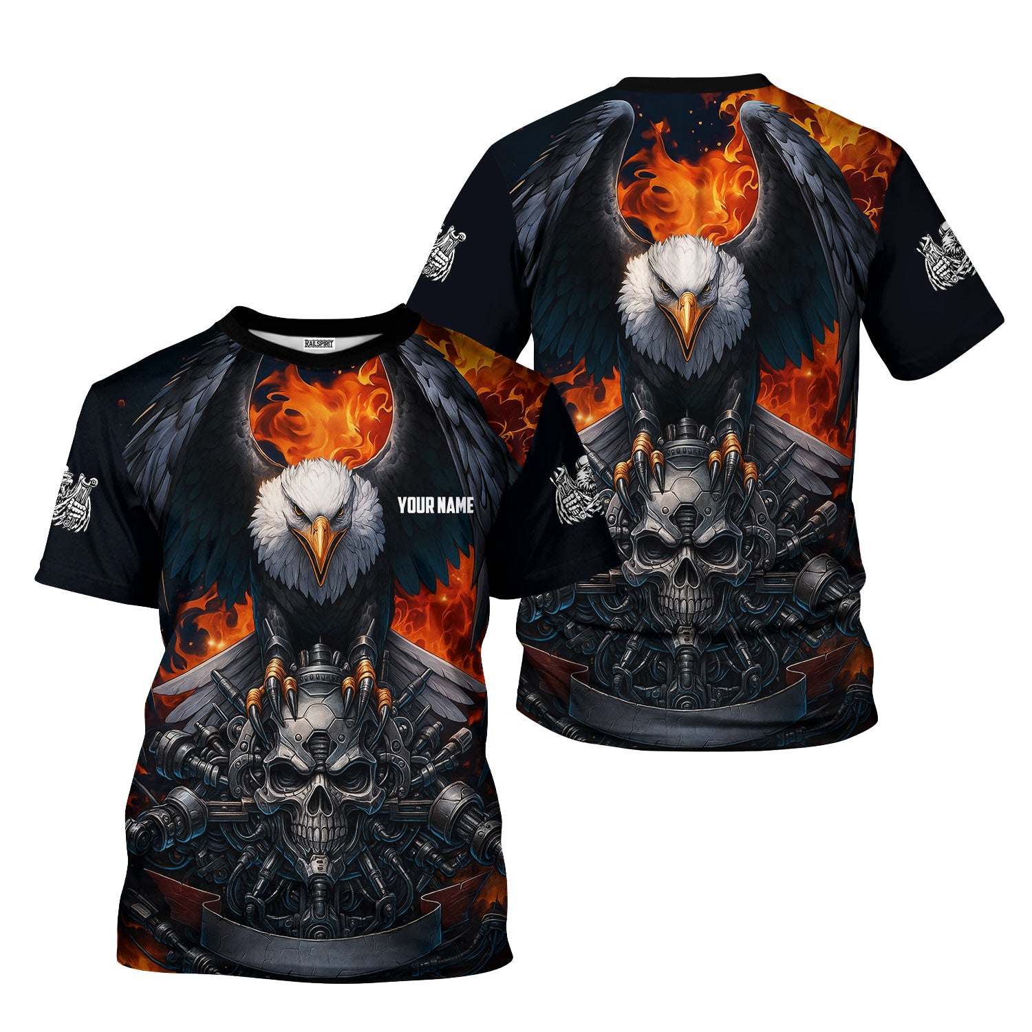 Custom Name Funny Eagle Mechanic Skull Unisex Black T Shirt