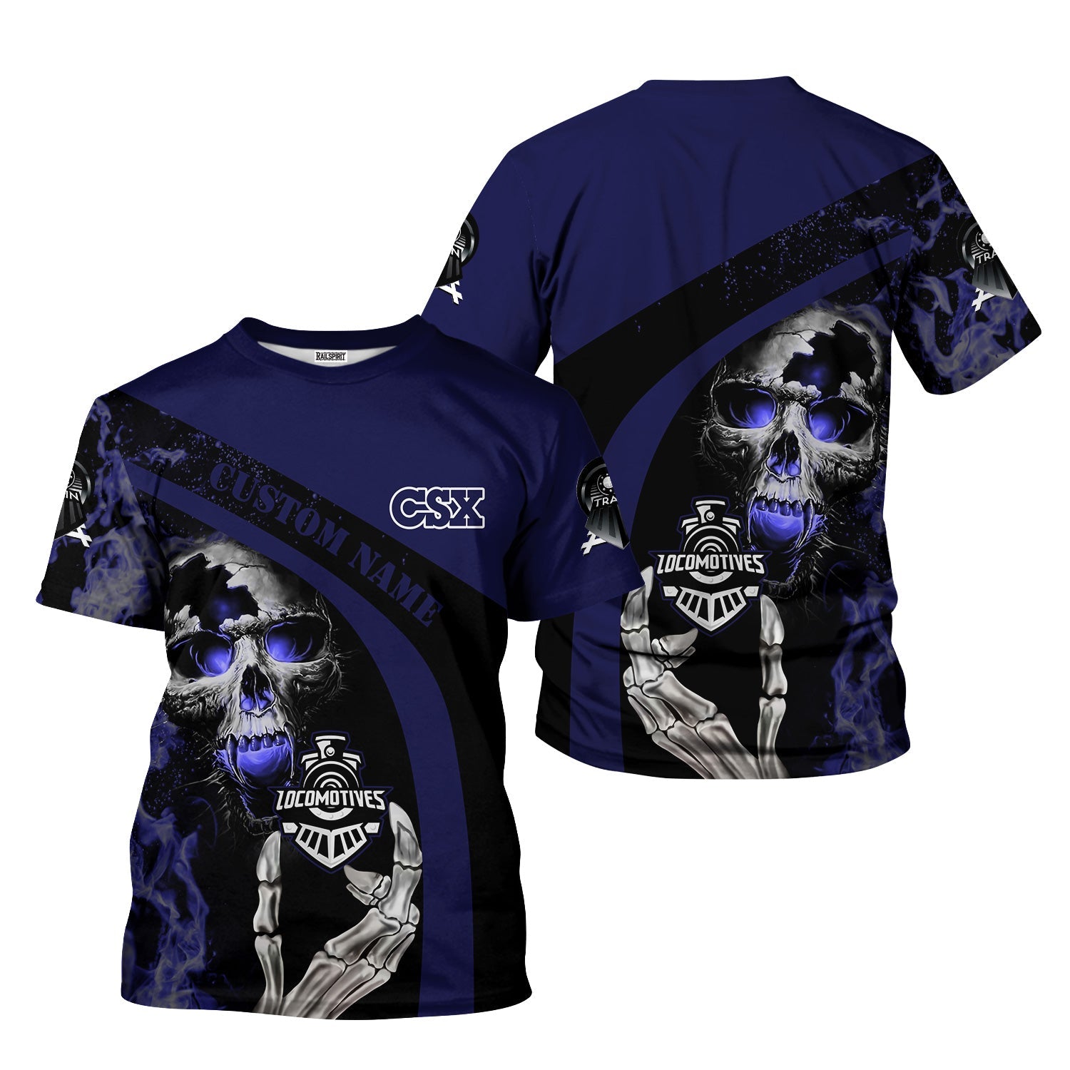 Railspirit Personalized CSX Transportation Railroad T-Shirt Flame Skull Design Train Shirt for Locomotive Fans