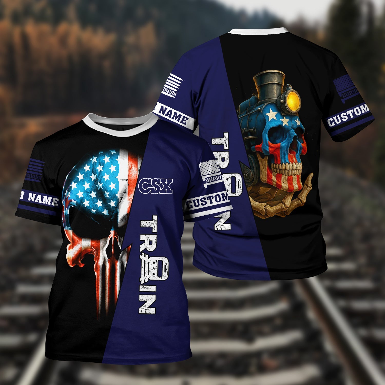 Railspirit Personalized CSX Transportation Railroad T-Shirt Train Skull American Flag Shirt All Over Print