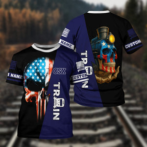 Railspirit Personalized CSX Transportation Railroad T-Shirt Train Skull American Flag Shirt All Over Print