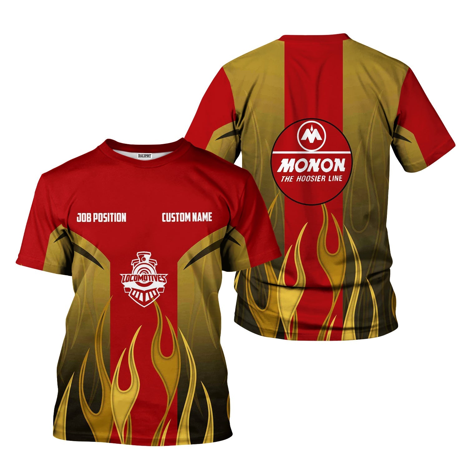 Railspirit Custom Name and Job Title Monon Railroad T-Shirt Flame Graphic Train Shirt
