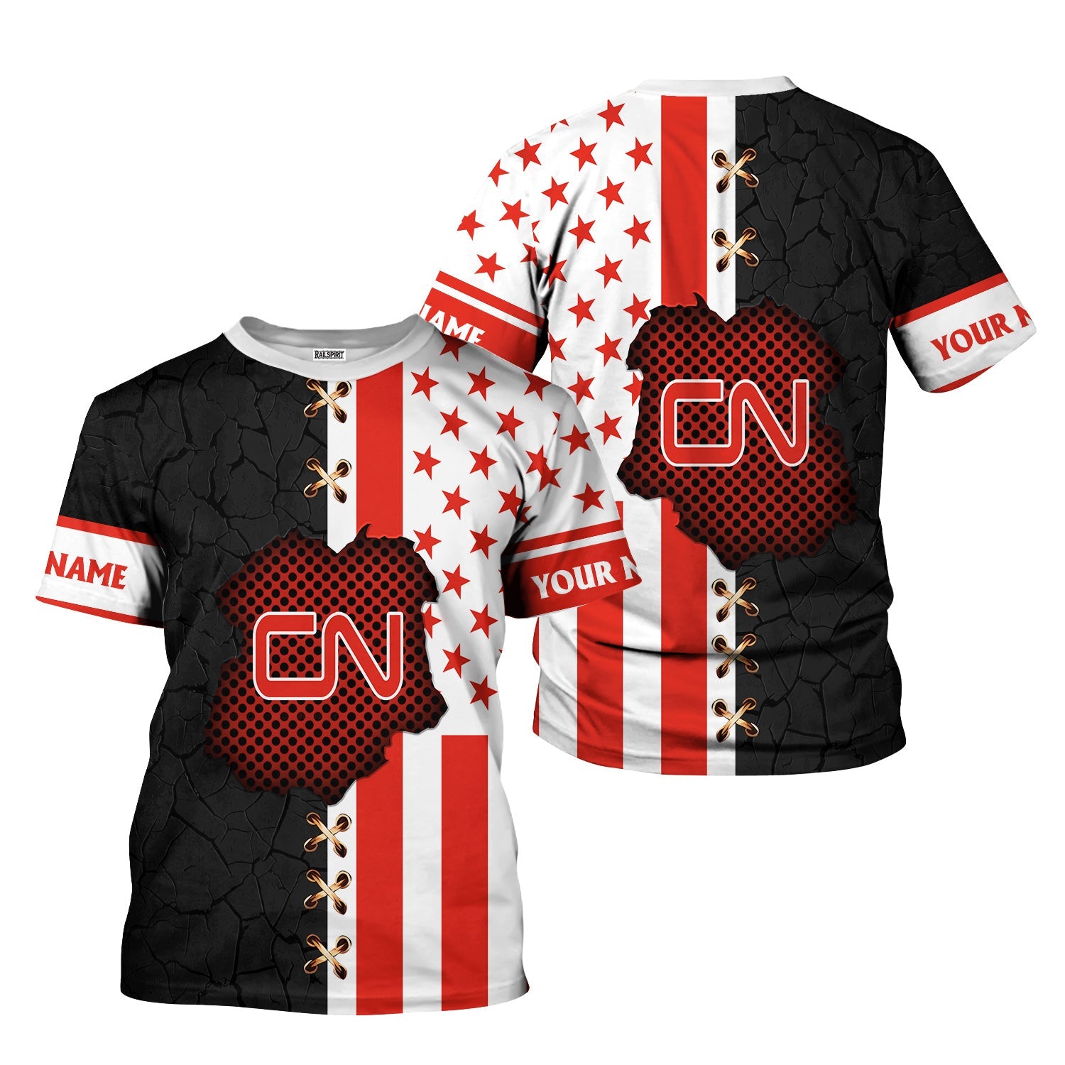 Railspirit Personalized Canadian National Railroad T-Shirt American Flag with Crack Effect Train Shirt