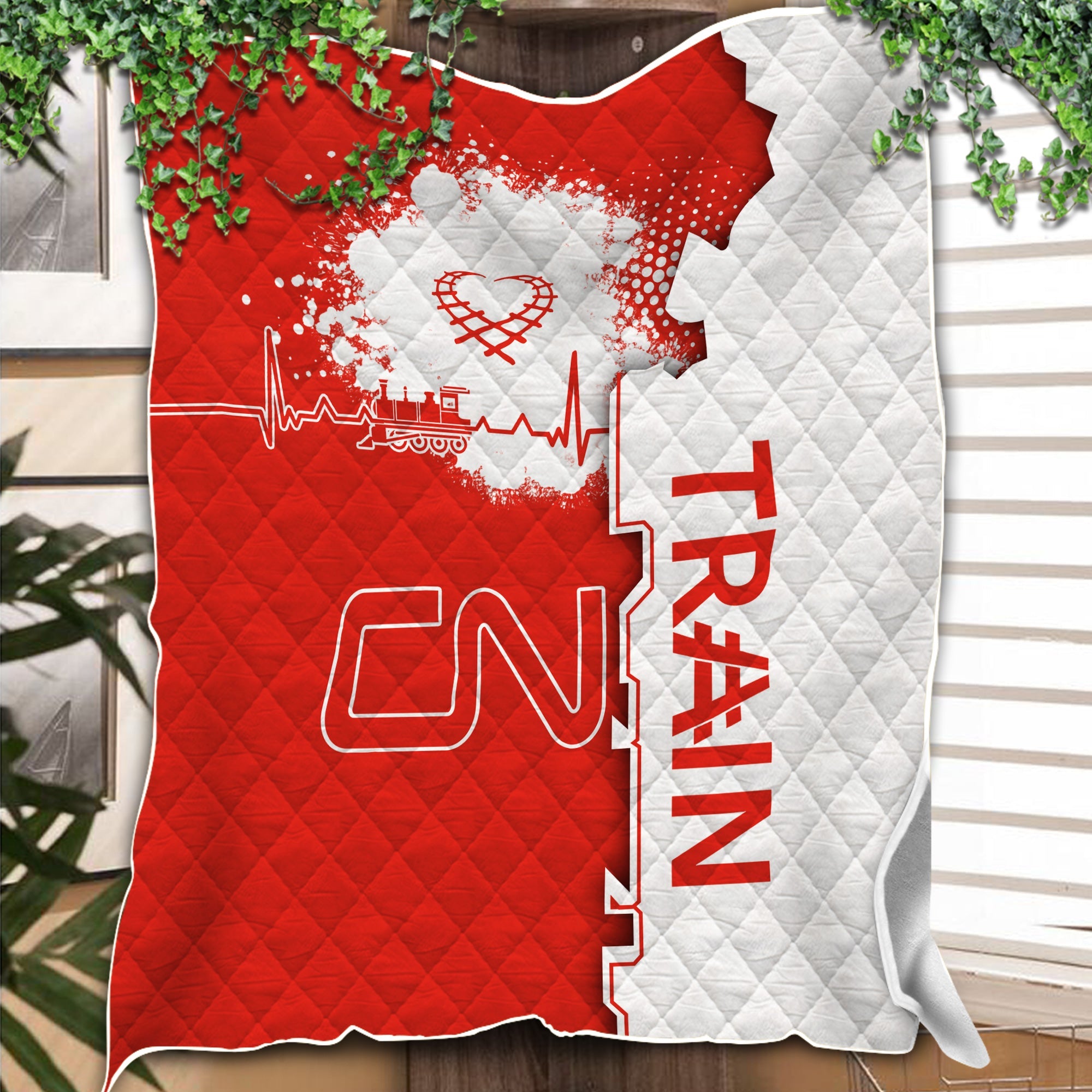 Railspirit Canadian National Railroad Premium Quilts Engine Heartbeat and Track Love Style Quilts Gift Idea For Train Lovers