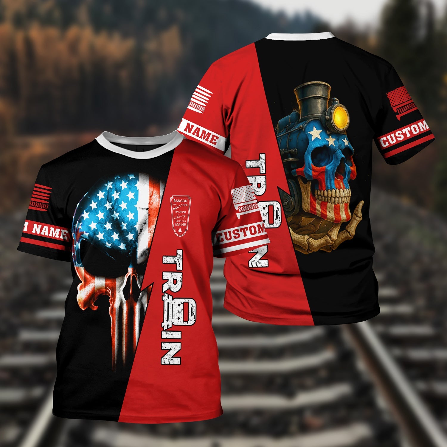 Railspirit Personalized Bangor And Aroostook Railroad T-Shirt Train Skull American Flag Shirt All Over Print