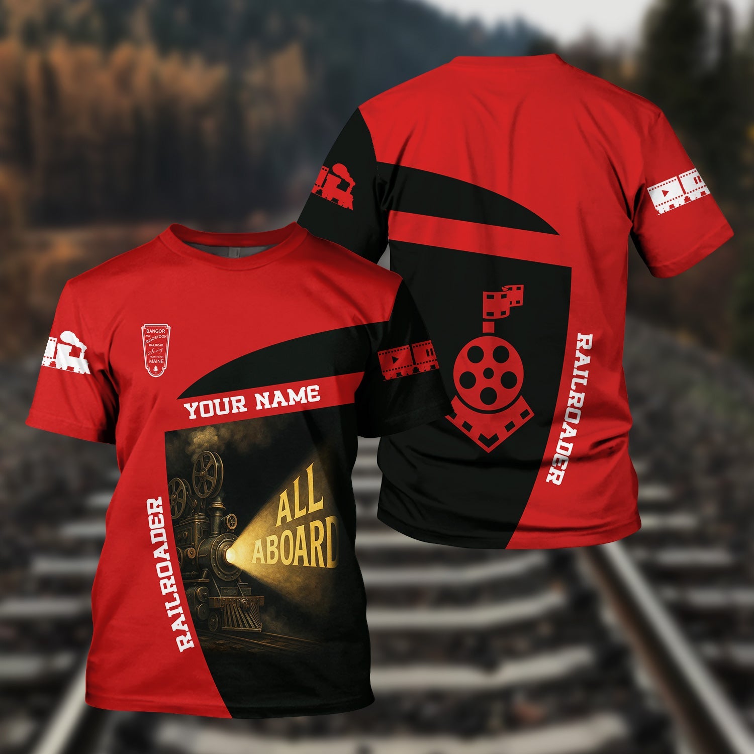 Railspirit Personalized Bangor And Aroostook Railroad T-Shirt All Aboard Steam Train Movie Projector Style Shirt
