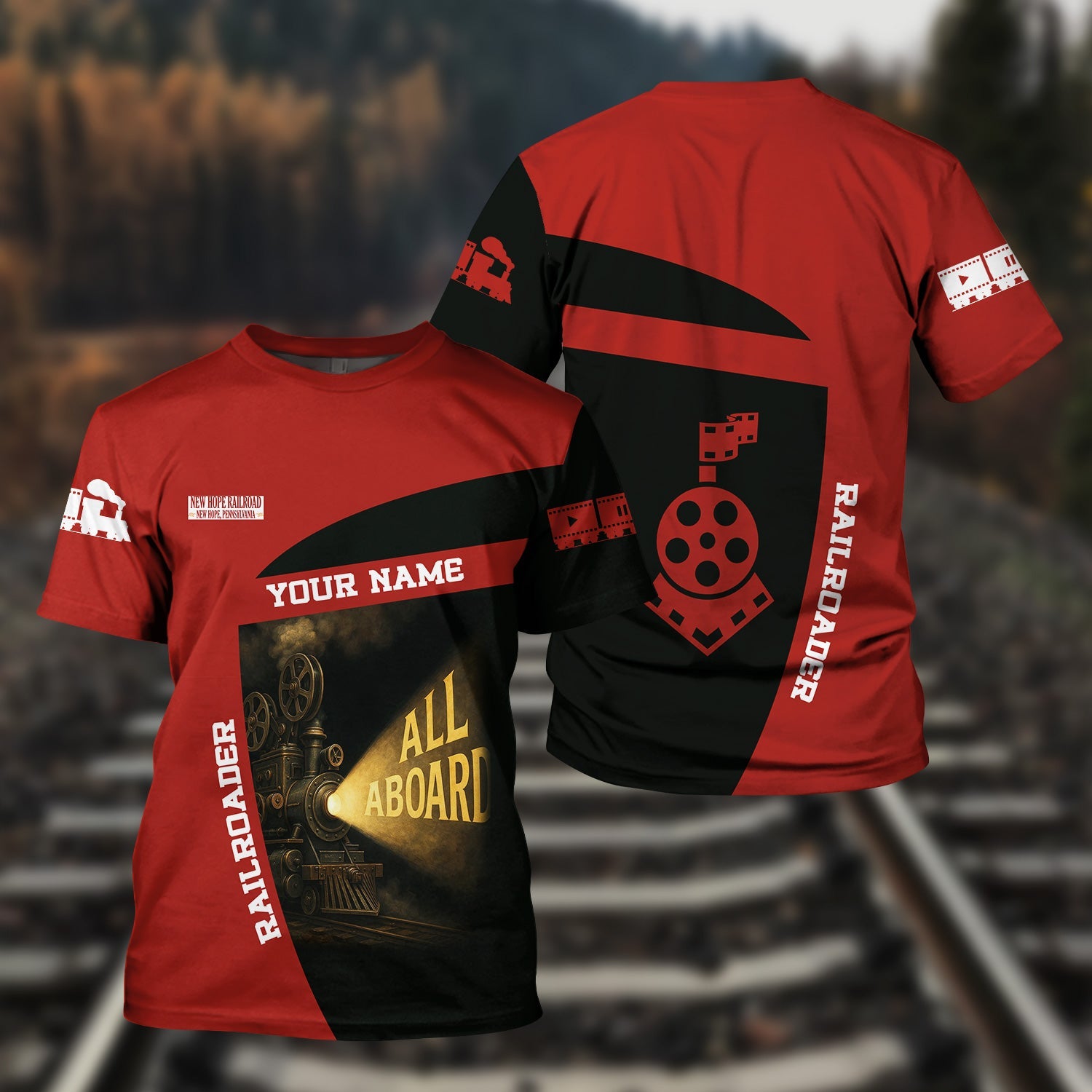 Railspirit Personalized New Hope Railroad T-Shirt All Aboard Steam Train Movie Projector Style Shirt