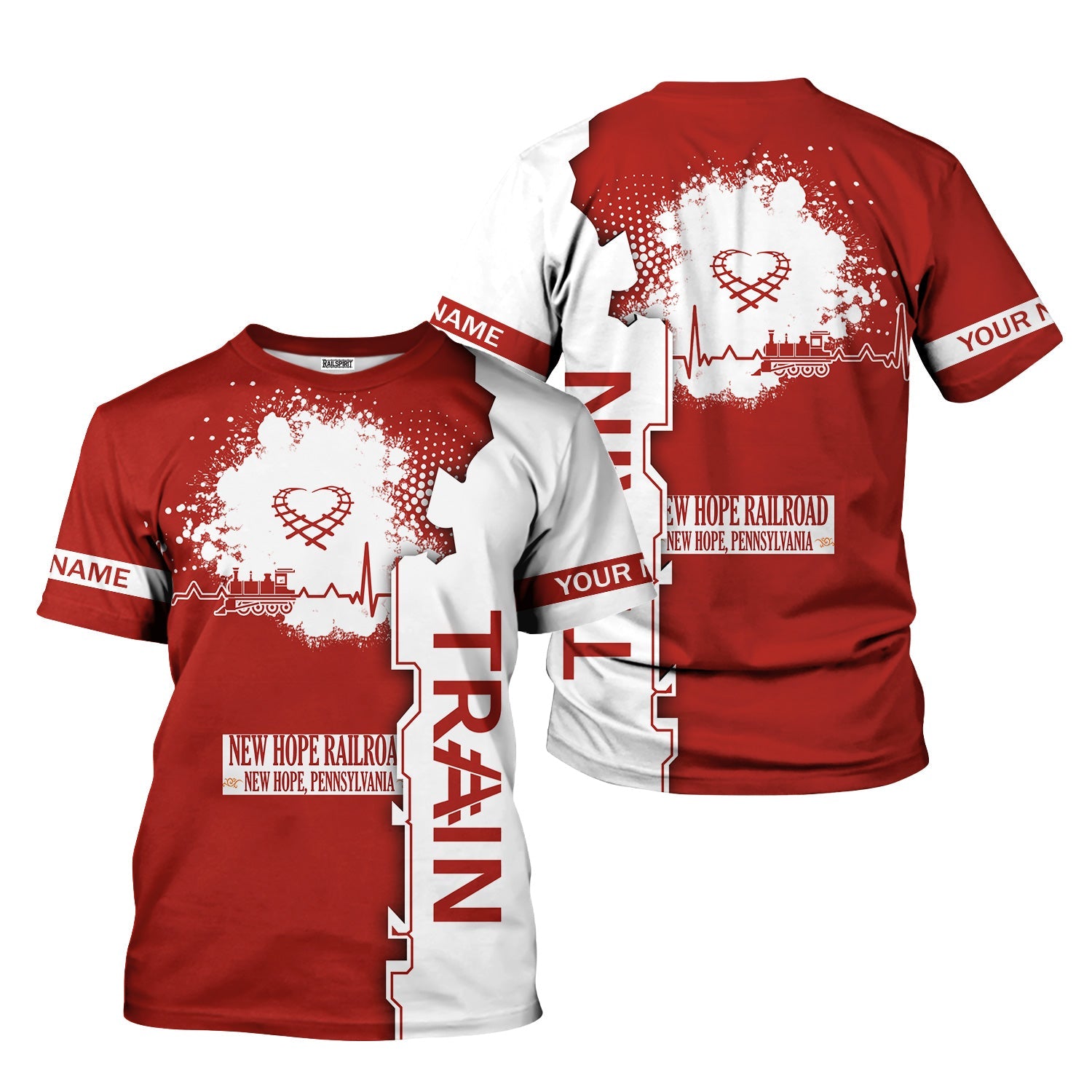 Railspirit Personalized New Hope Railroad T-Shirt Engine Heartbeat and Track Love Style Shirt Gift Idea For Train Lovers