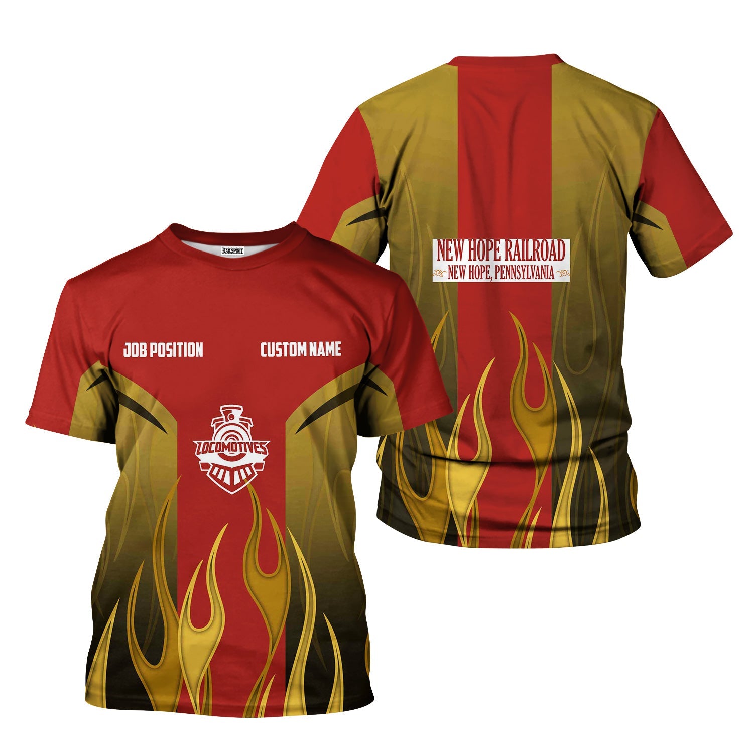 Railspirit Custom Name and Job Title New Hope Railroad T-Shirt Flame Graphic Train Shirt