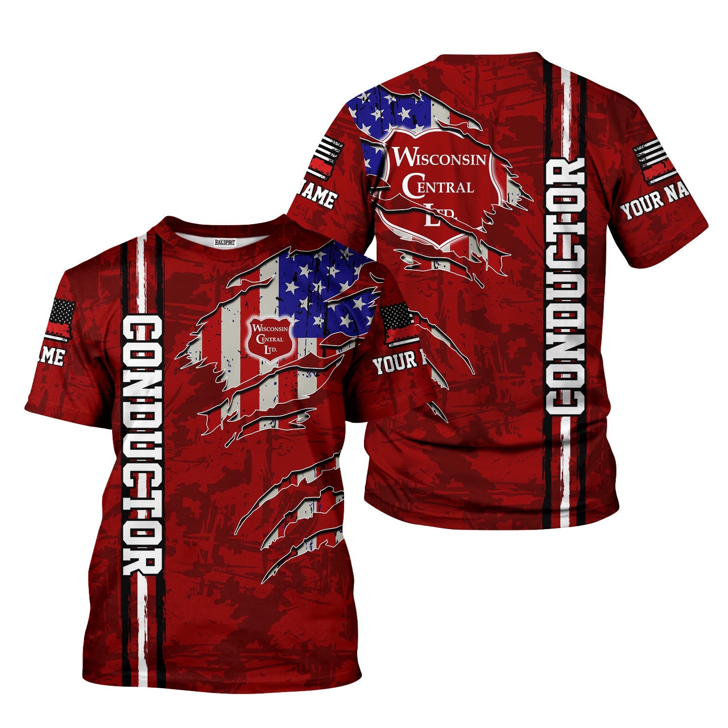 Railspirit Personalized Wisconsin Central Ltd Railroad T-Shirt USA Flag Claw Art with Custom Job Train Shirt