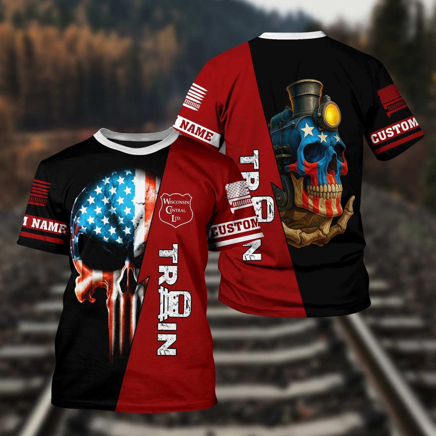 Railspirit Personalized Wisconsin Central Ltd Railroad T-Shirt Train Skull American Flag Shirt All Over Print