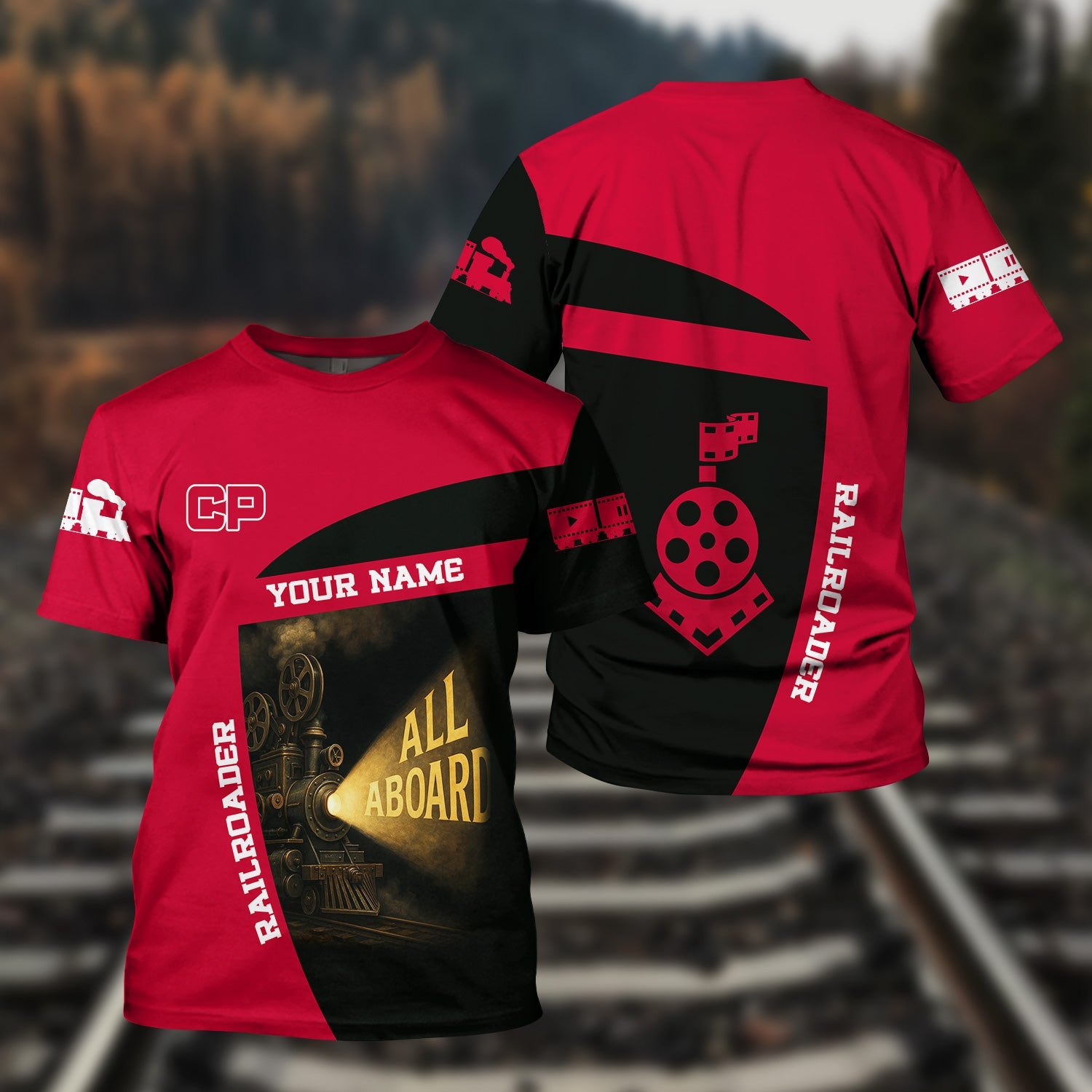 Railspirit Personalized Canadian Pacific Railroad T-Shirt All Aboard Steam Train Movie Projector Style Shirt