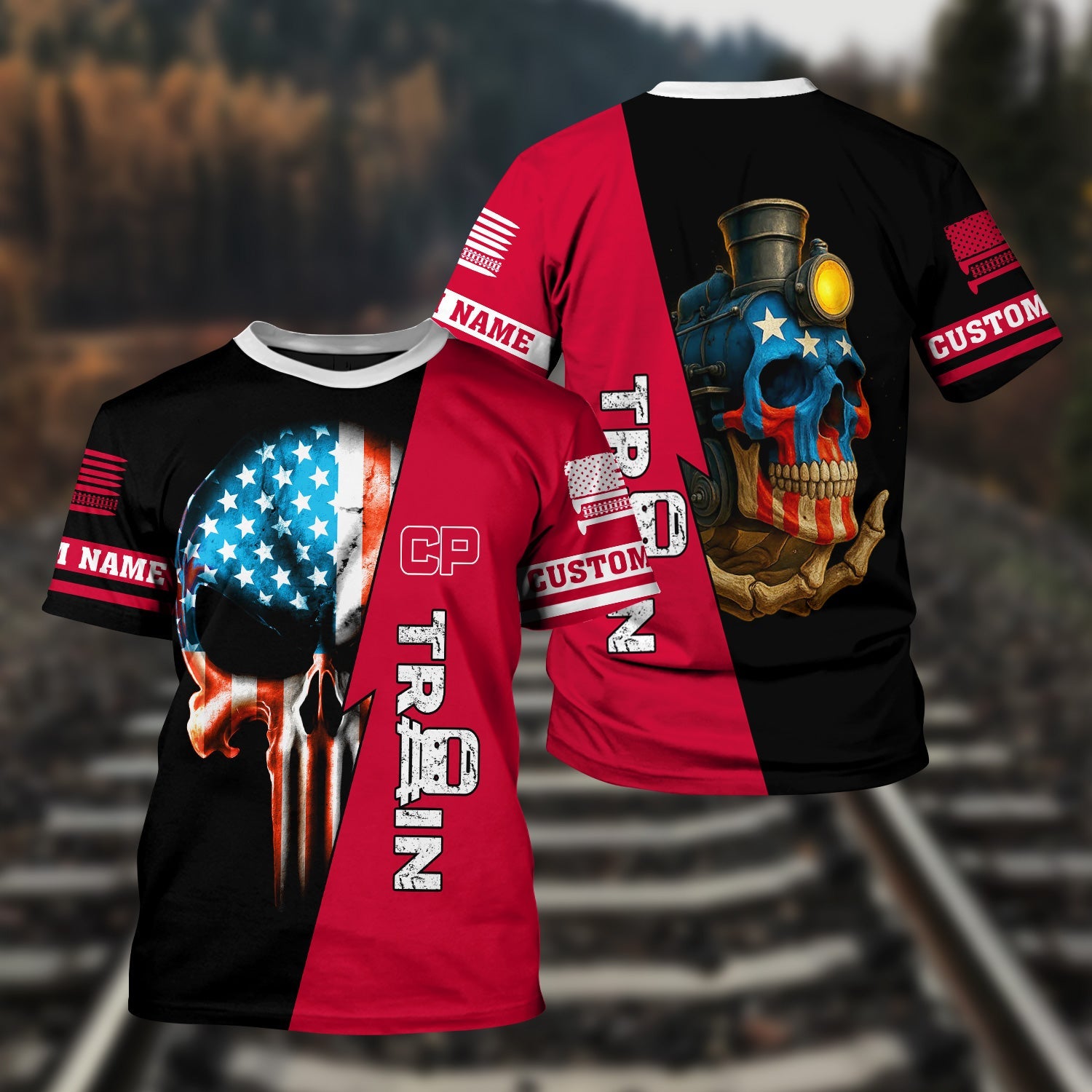 Railspirit Personalized Canadian Pacific Railroad T-Shirt Train Skull American Flag Shirt All Over Print