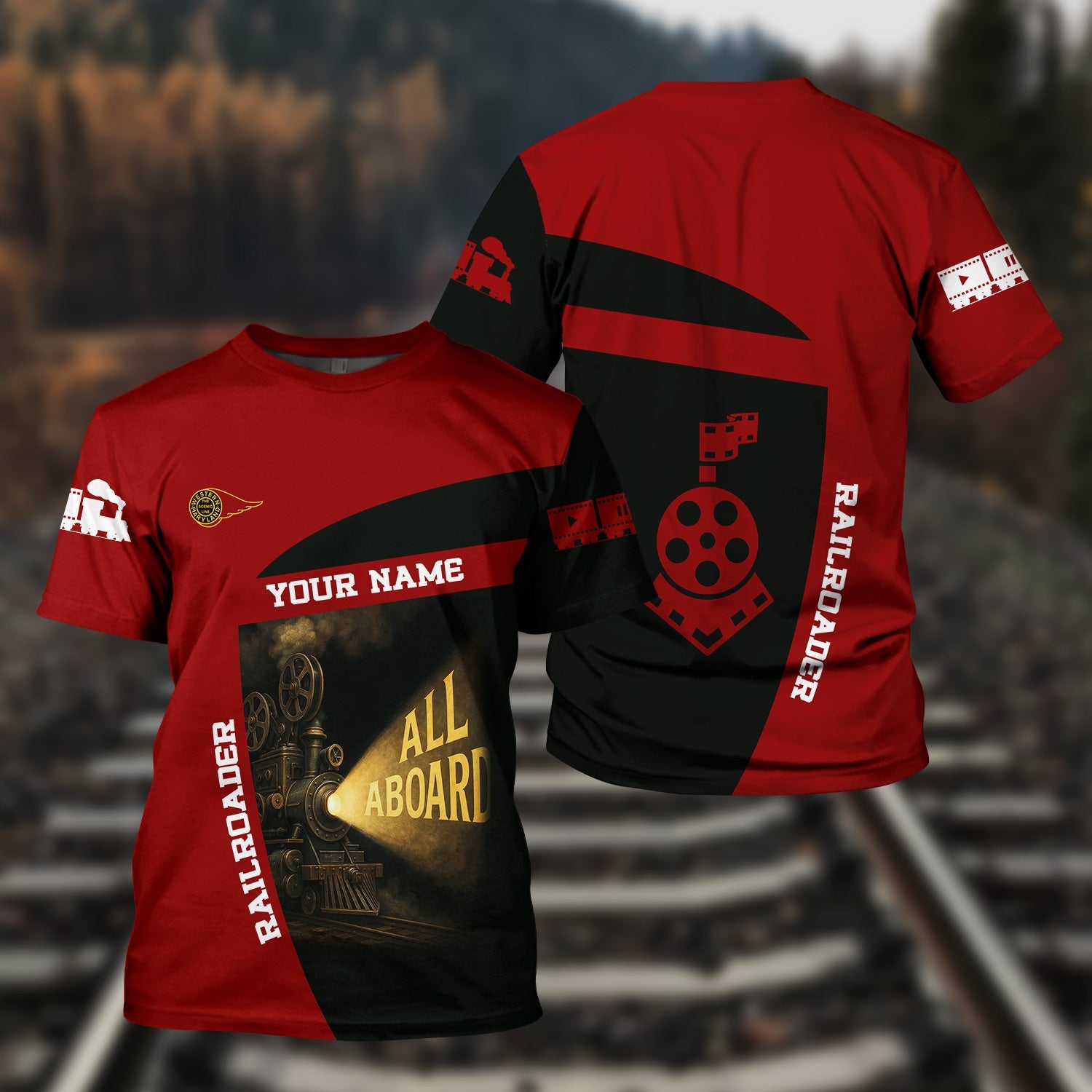 Railspirit Personalized Western Maryland Railway T-Shirt All Aboard Steam Train Movie Projector Style Shirt