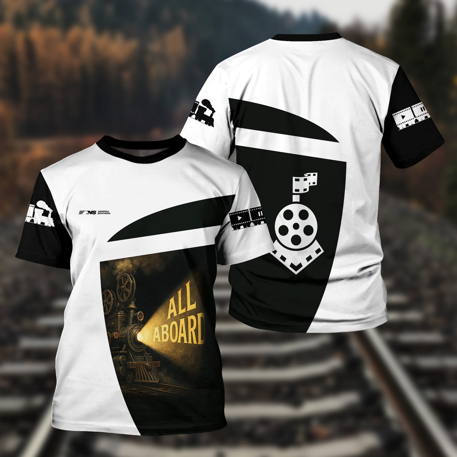 Railspirit Personalized Norfolk Southern Railway T-Shirt All Aboard Steam Train Movie Projector Style Shirt