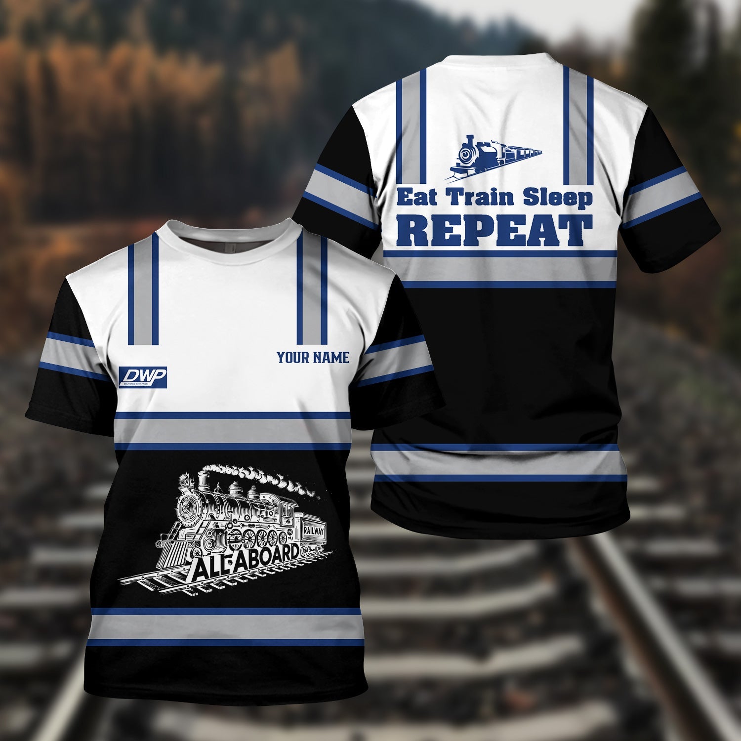 Railspirit Custom Name Duluth, Winnipeg and Pacific Railway T Shirt Eat Train Sleep Repeat Printed Train Shirt