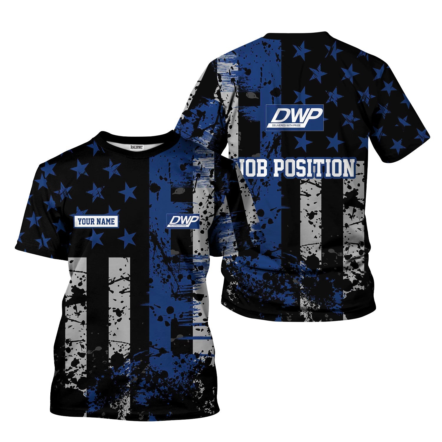 Railspirit Personalized Duluth, Winnipeg and Pacific Railway T-Shirt Artistic Paint American Flag Style Train Shirt