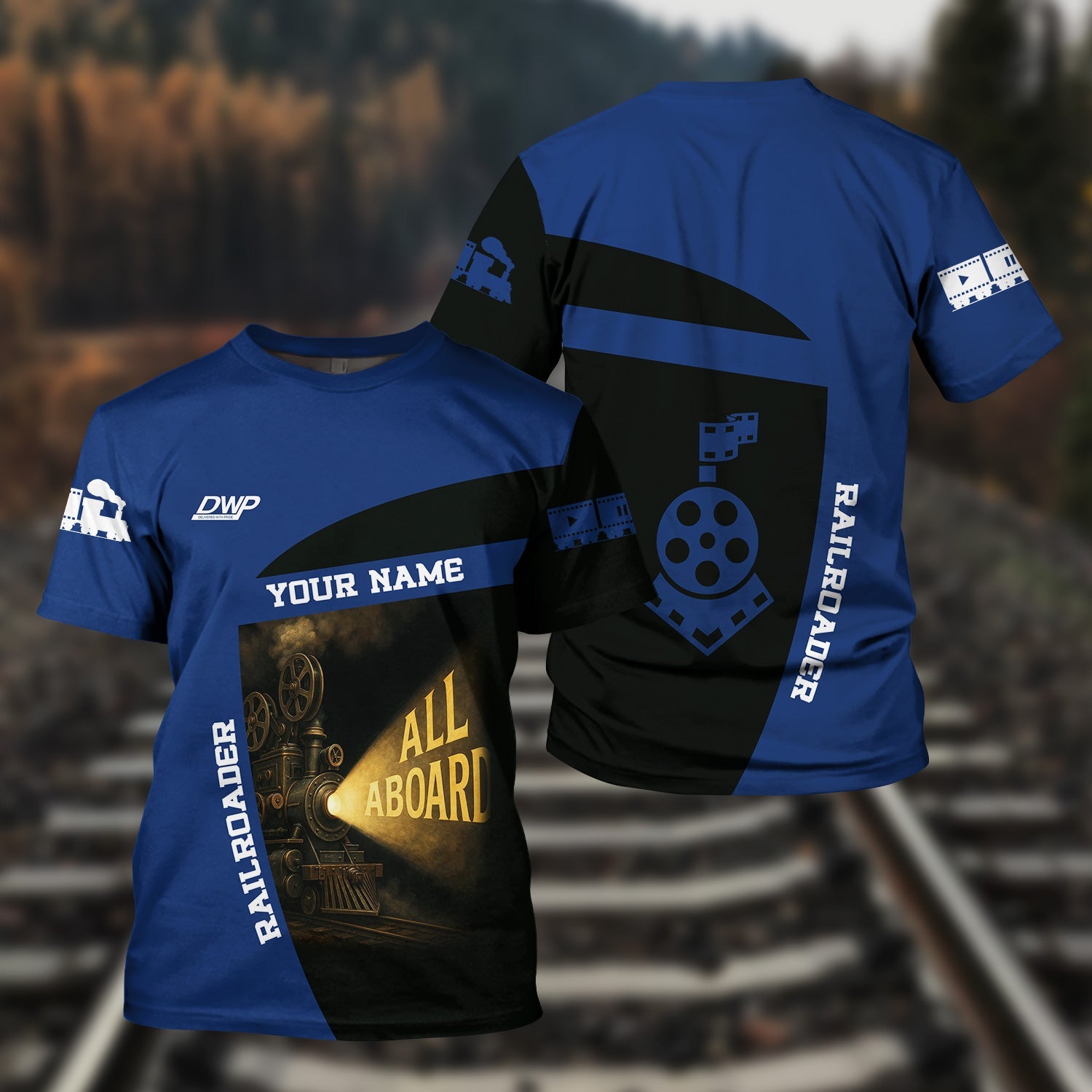 Railspirit Personalized Duluth, Winnipeg and Pacific Railway T-Shirt All Aboard Steam Train Movie Projector Style Shirt