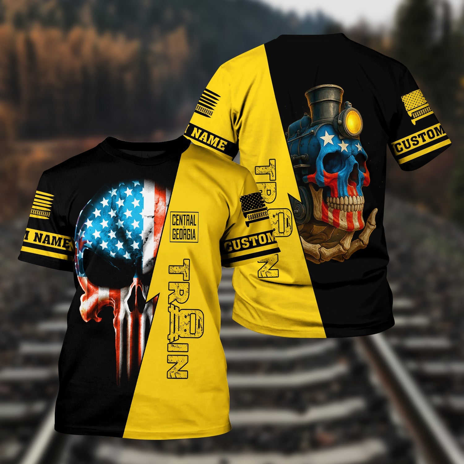 Railspirit Personalized Central of Georgia Railway T-Shirt Train Skull American Flag Shirt All Over Print