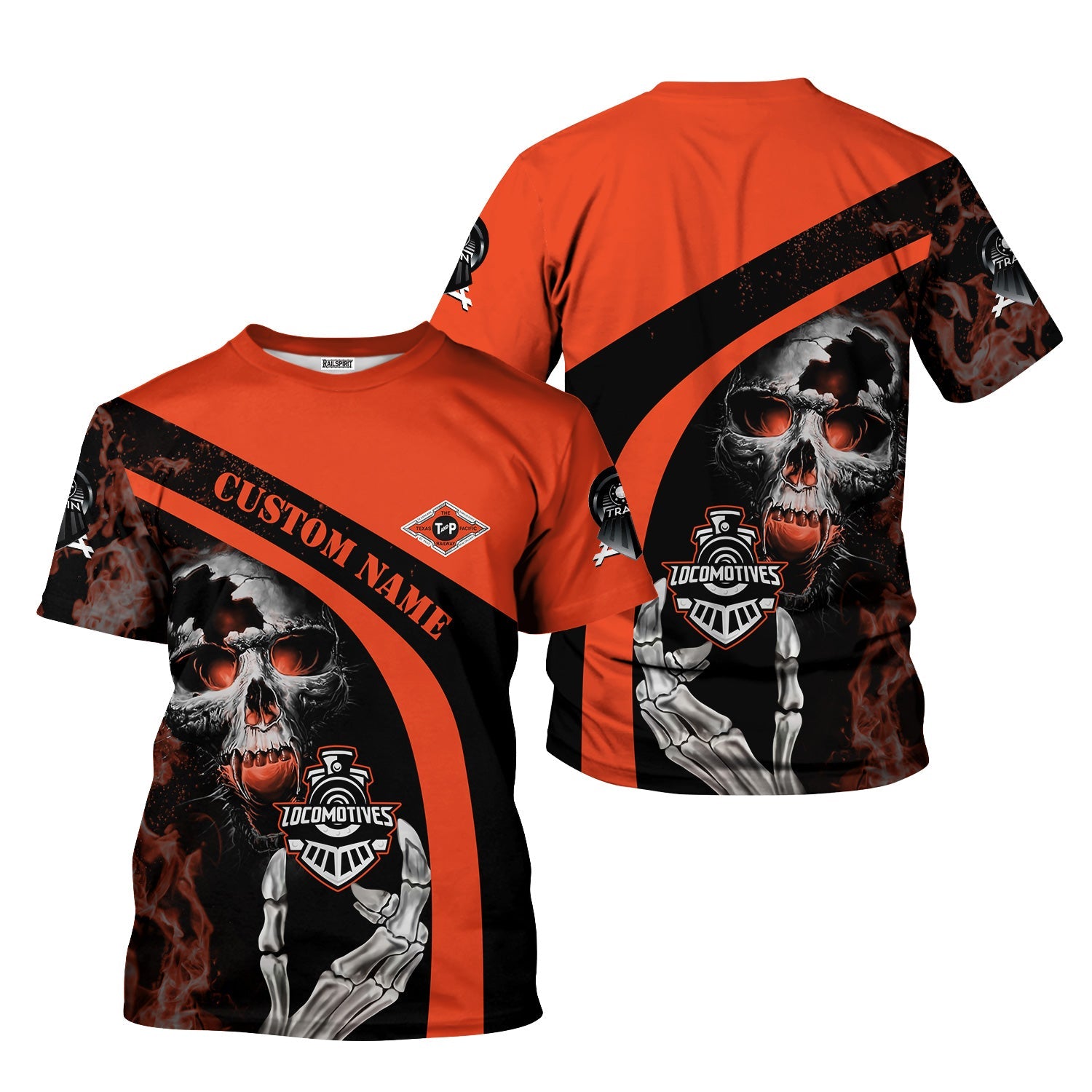 Railspirit Personalized Texas and Pacific Railway T-Shirt Flame Skull Design Train Shirt for Locomotive Fans
