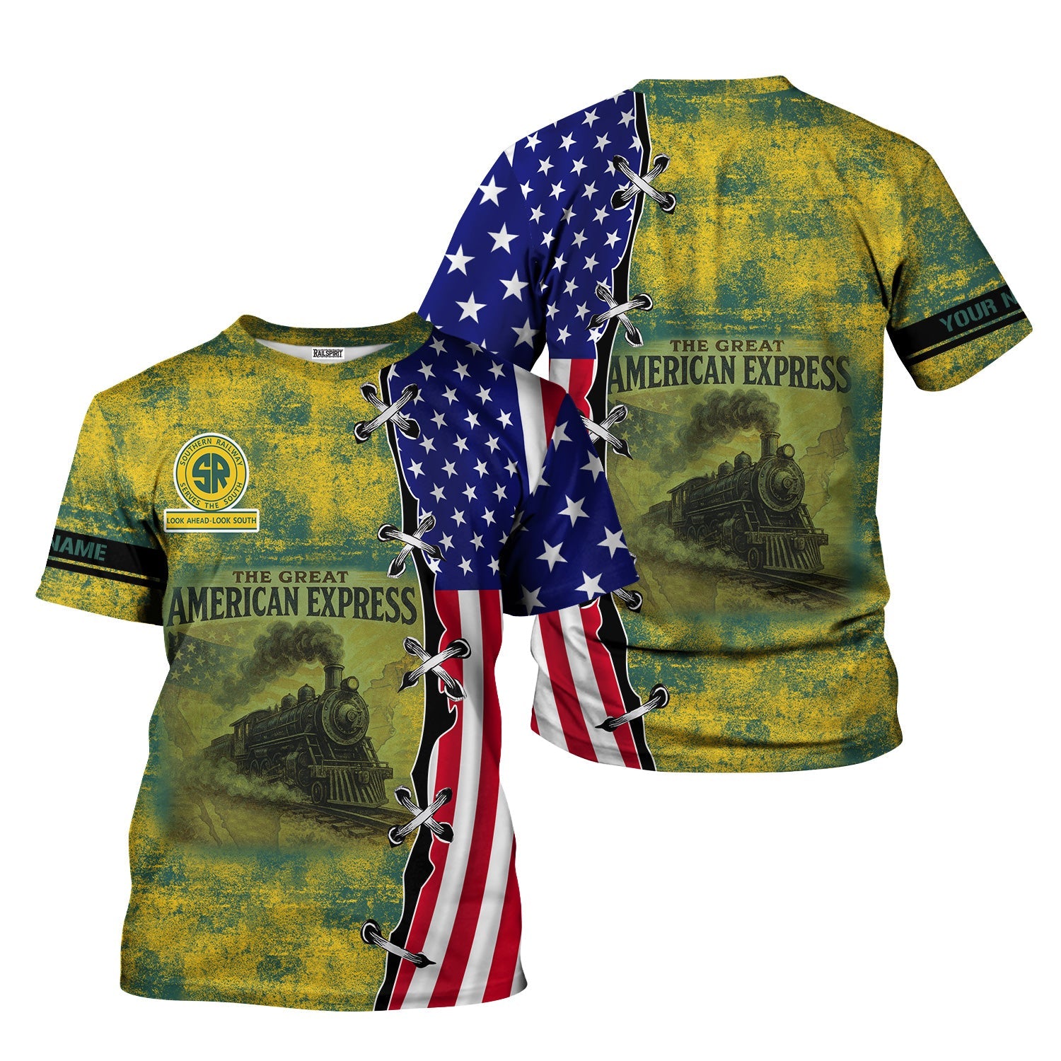 Railspirit Personalized Southern Railway U.S T-Shirt Retro American Express Train With USA Flag SOU Shirt
